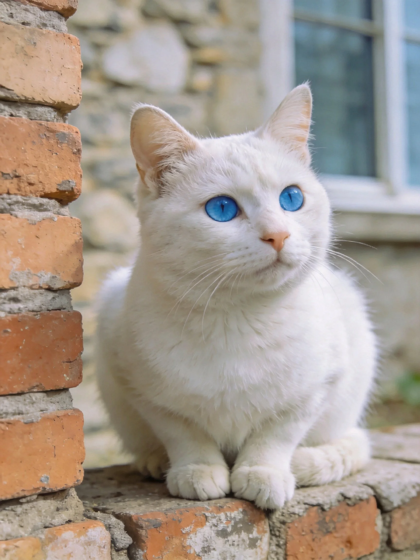 A white cat with blue eyes sits on a brick ledge near a stone wall