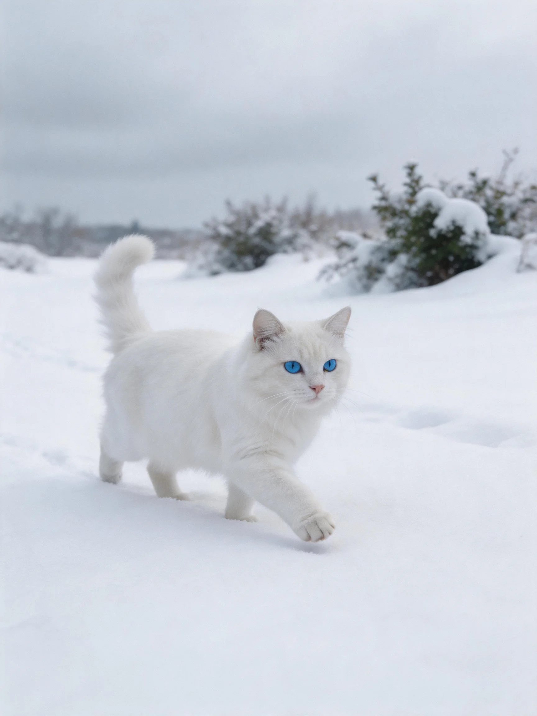 A white cat with blue eyes moves through a snowy outdoor scene.
