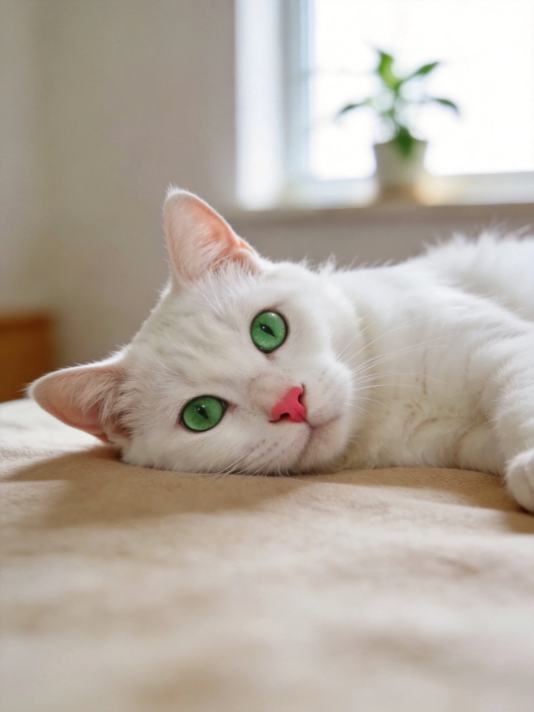 A white cat with green eyes relaxes on a beige surface near a window.
