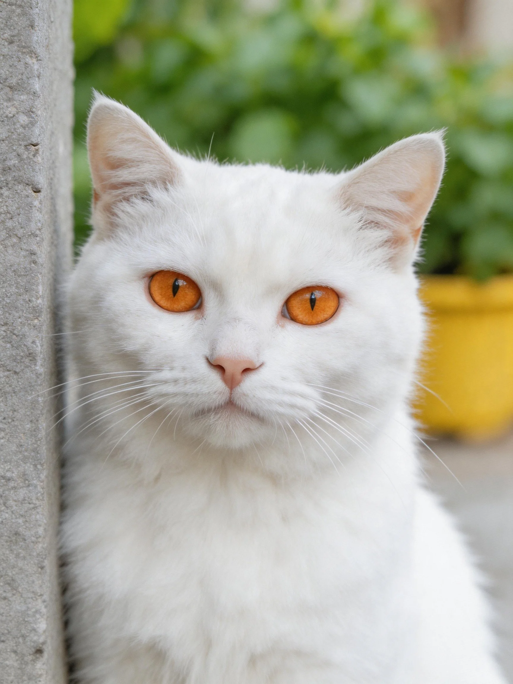 A white cat with orange eyes sits beside a gray structure.