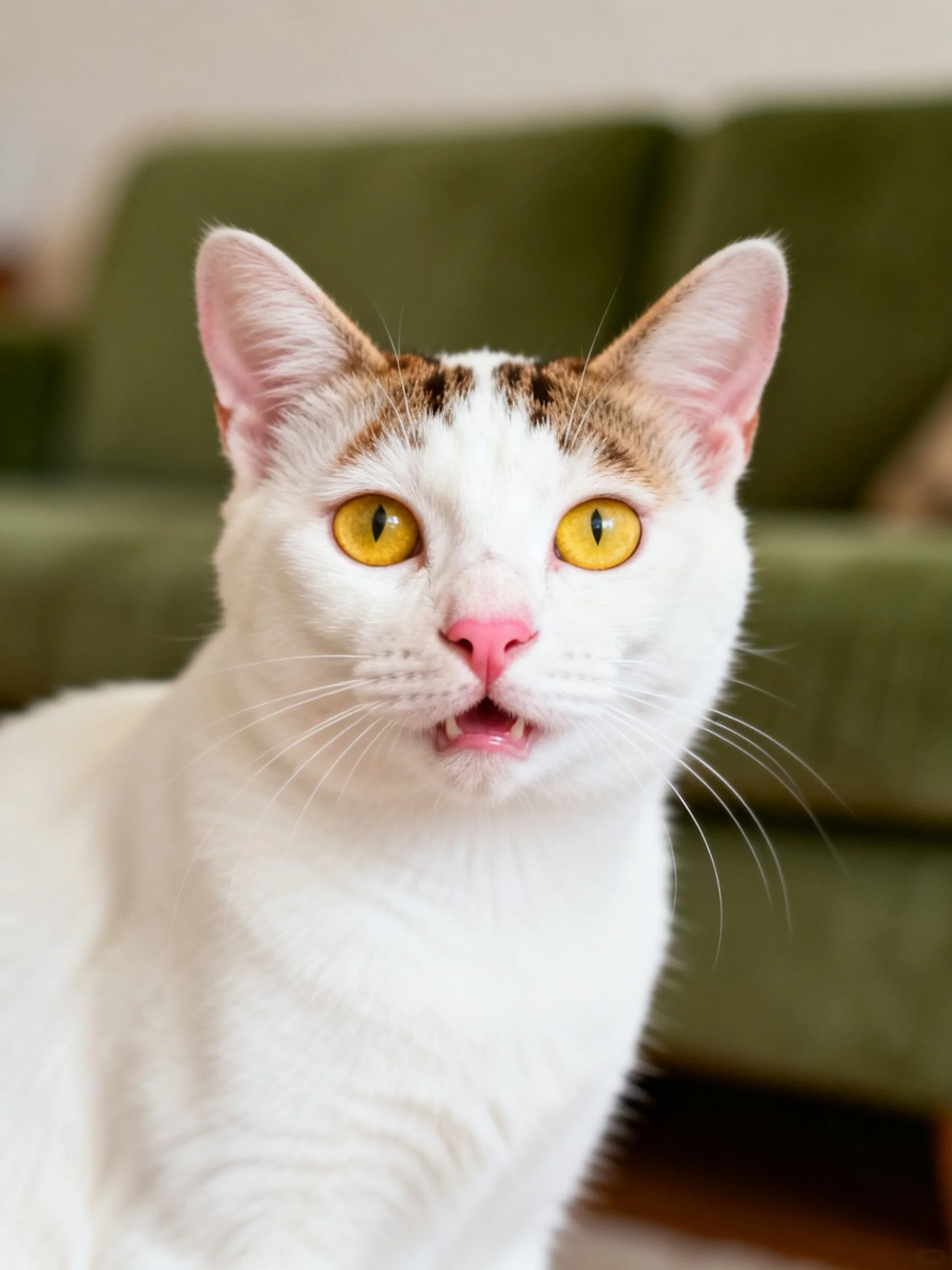 White cat with brown markings, bright yellow eyes, near green couch