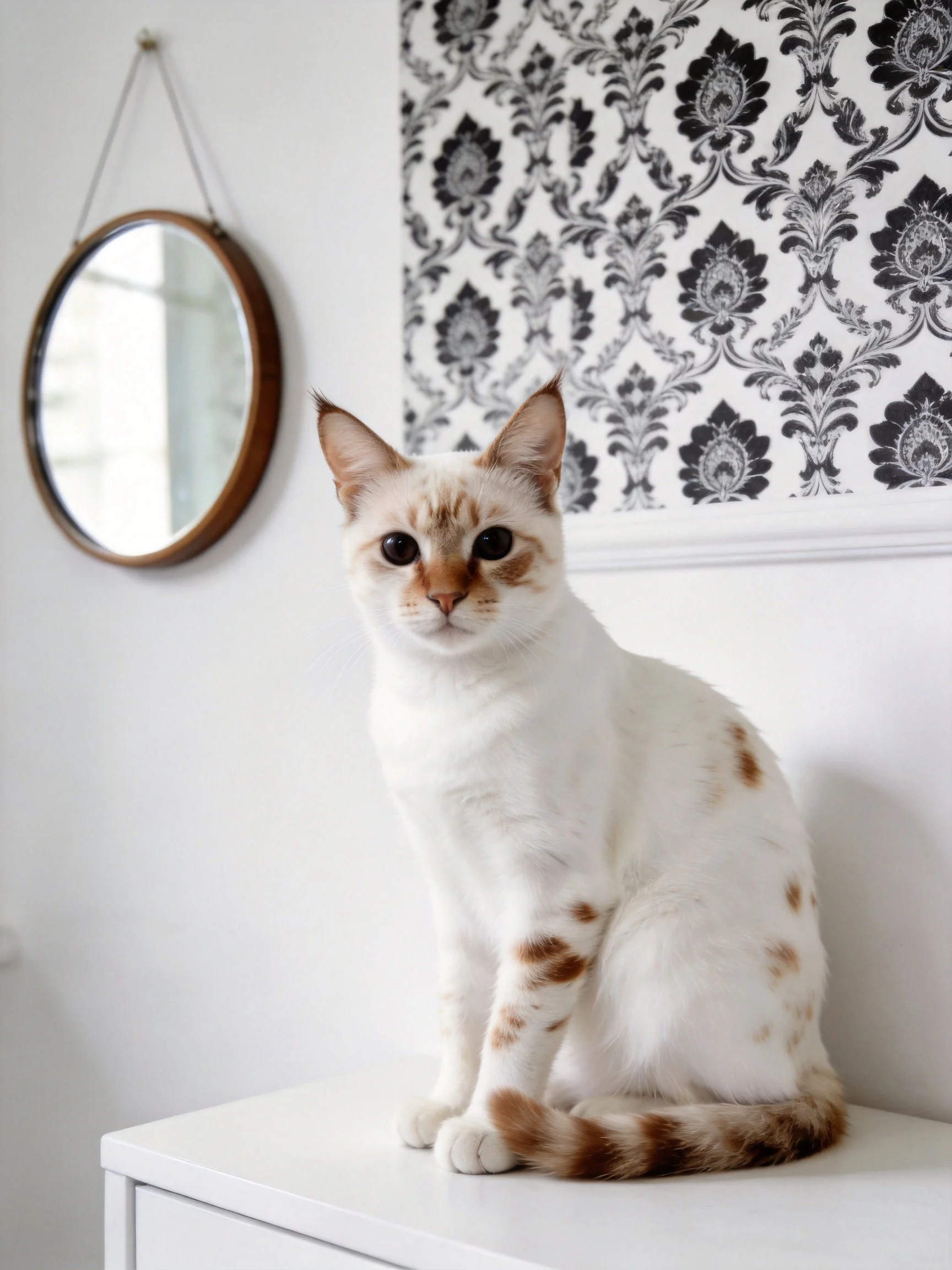 White cat with brown spots sits on white dresser near round mirror and black floral wallpaper