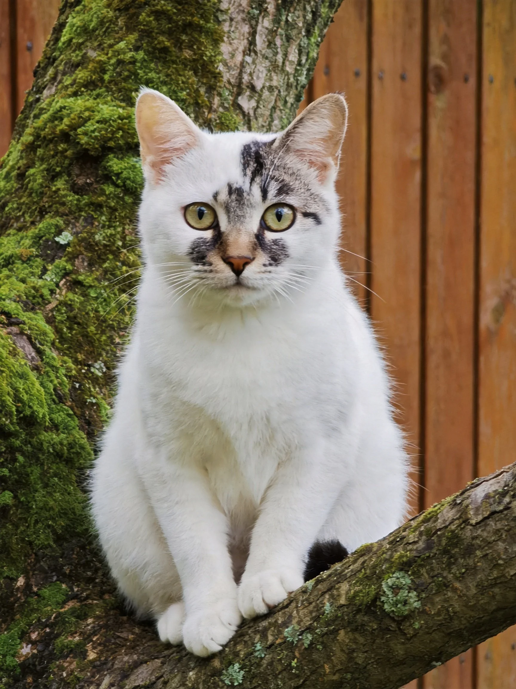 White cat with dark markings on moss-covered tree branch