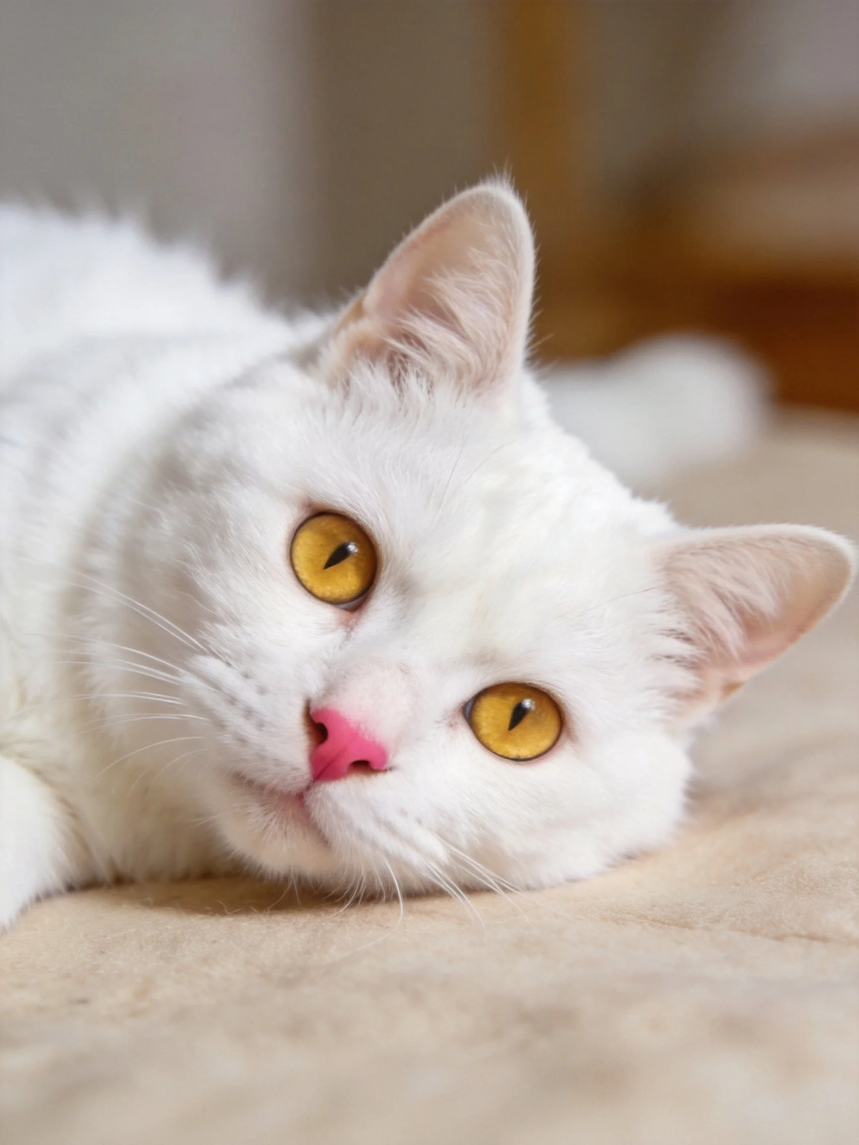 White cat with golden eyes lounging on a beige surface