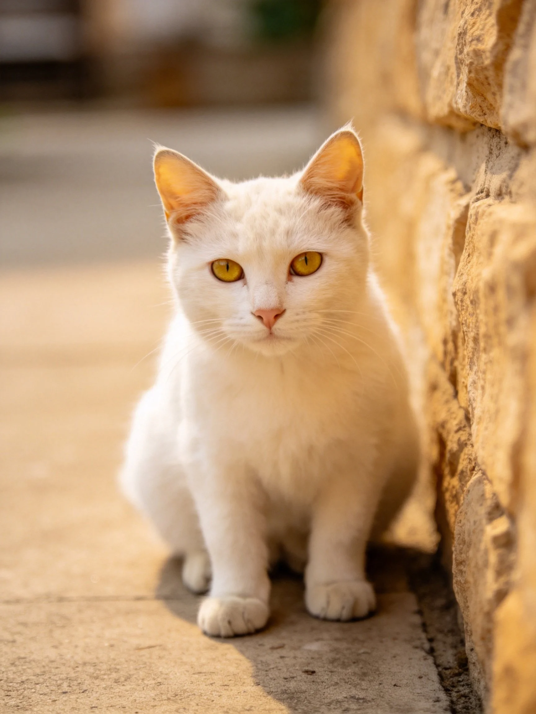White cat with golden eyes sits by stone wall on sunlit pavement