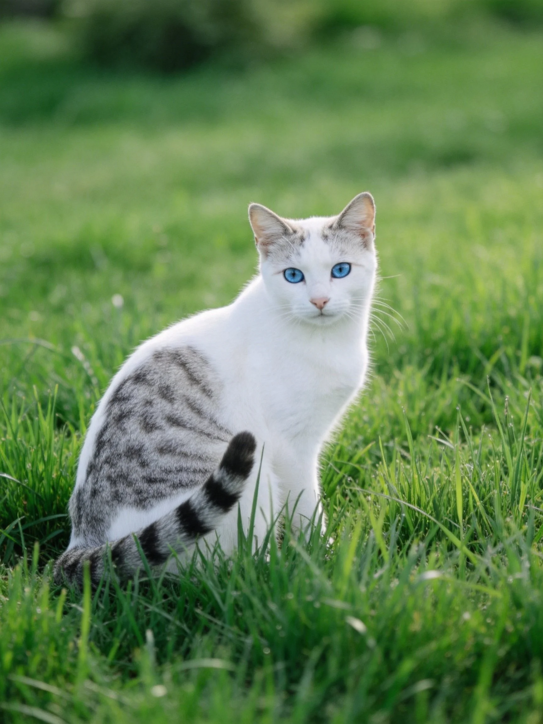 White cat with gray stripes sitting in green grass