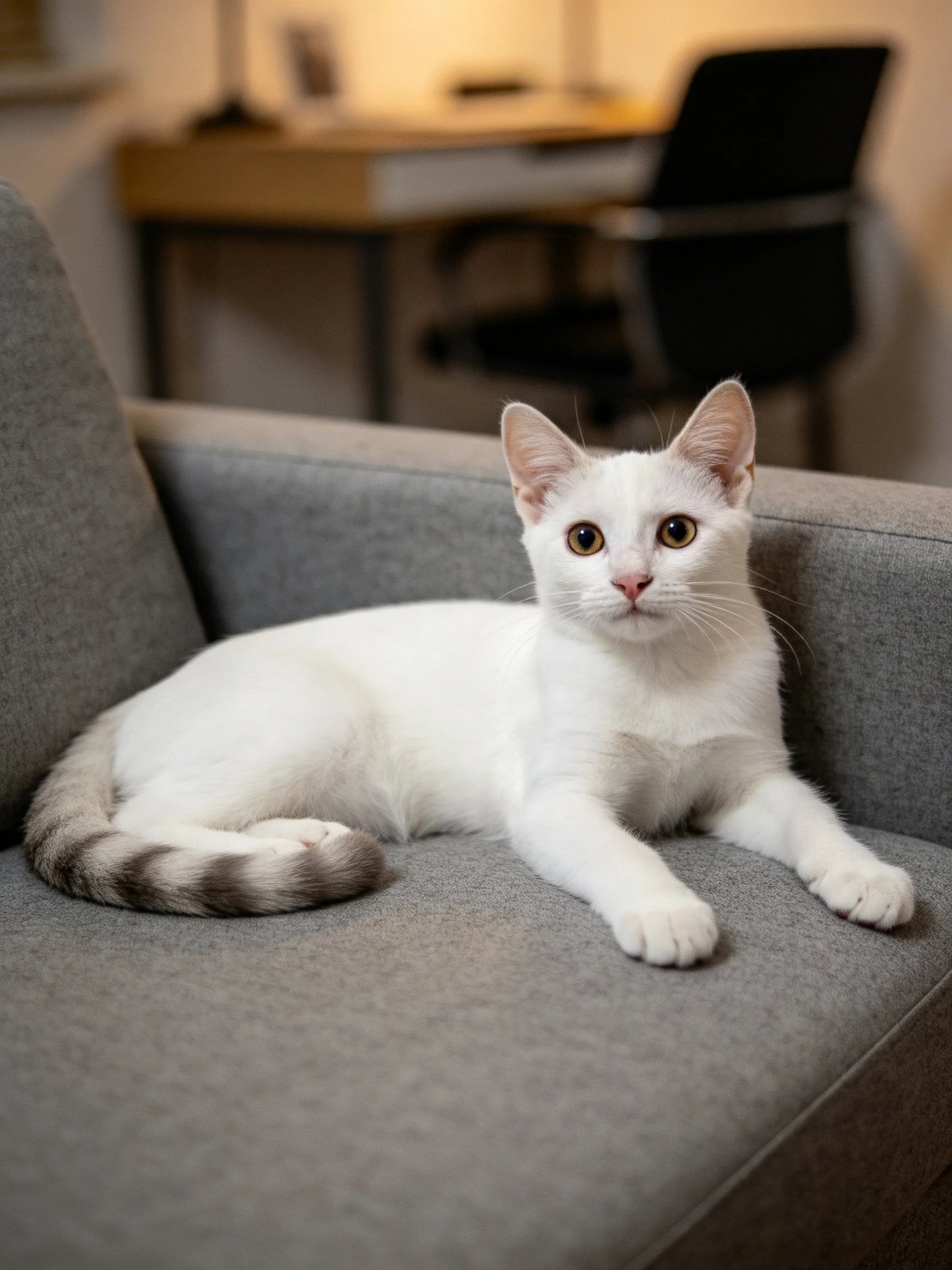 White cat with gray tail resting on gray couch near office desk
