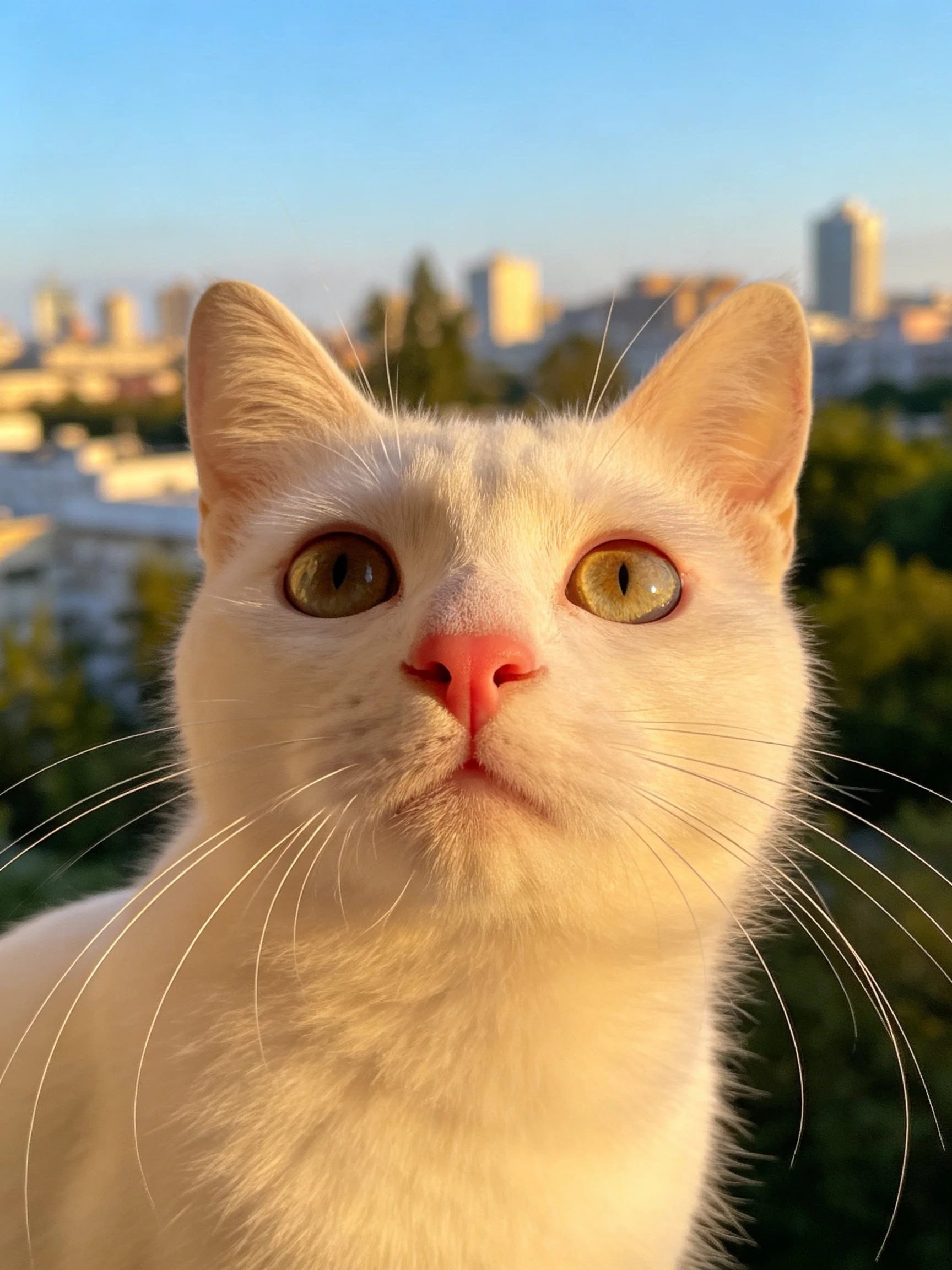 A white cat with green eyes is positioned before an urban landscape.