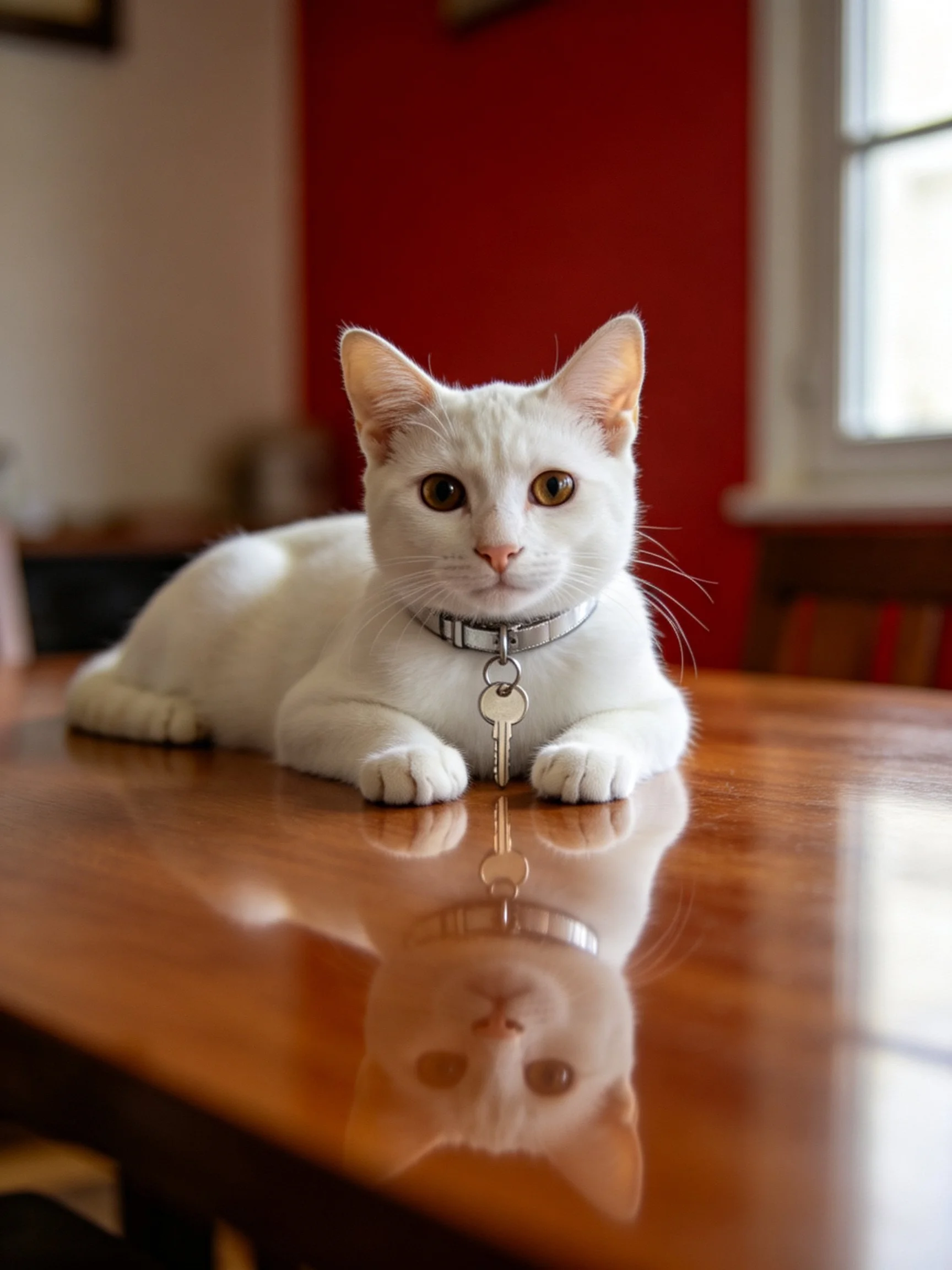 White cat with key on polished wooden table near red wall