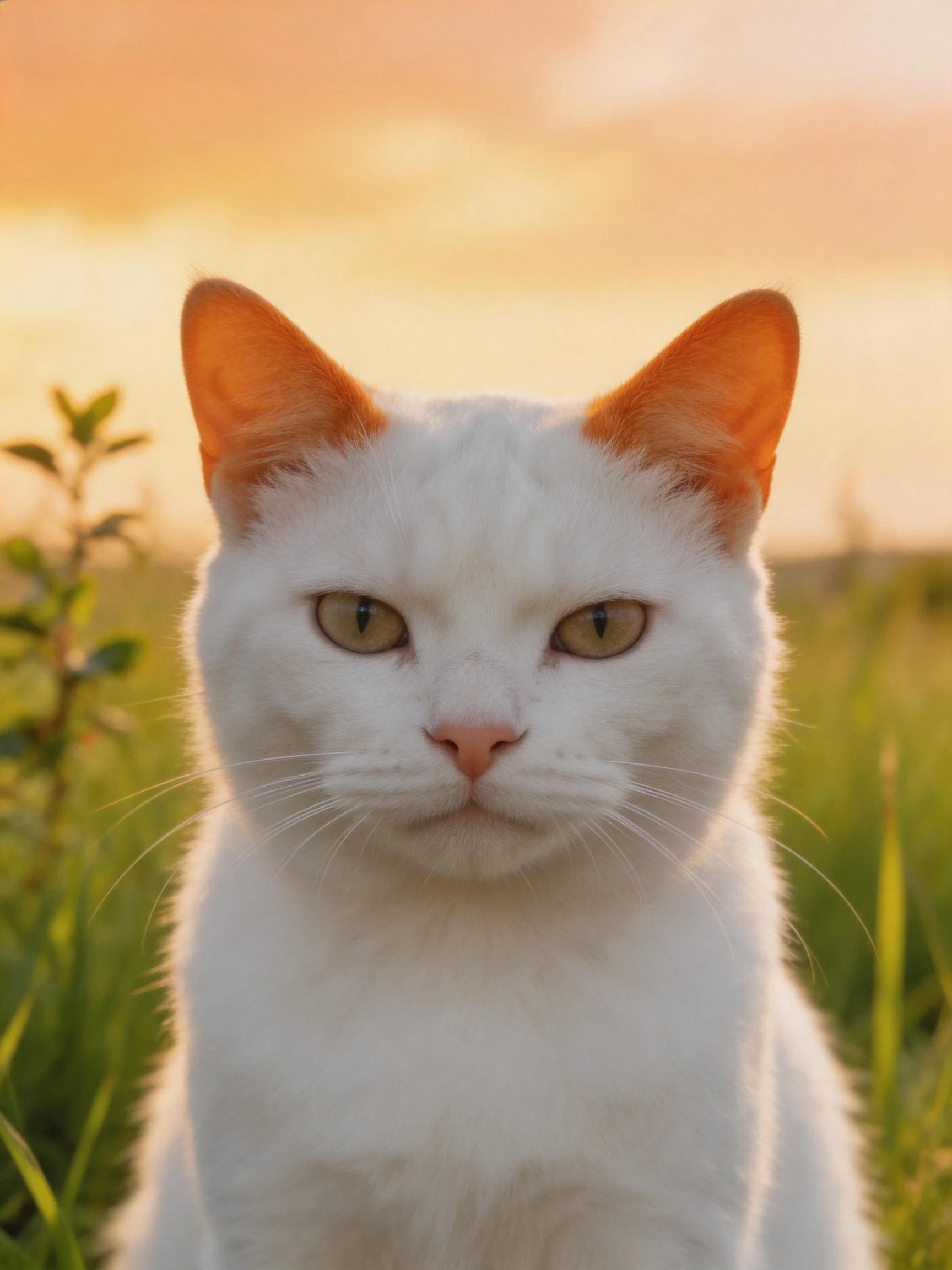 White cat with orange ears in sunlit grassy field