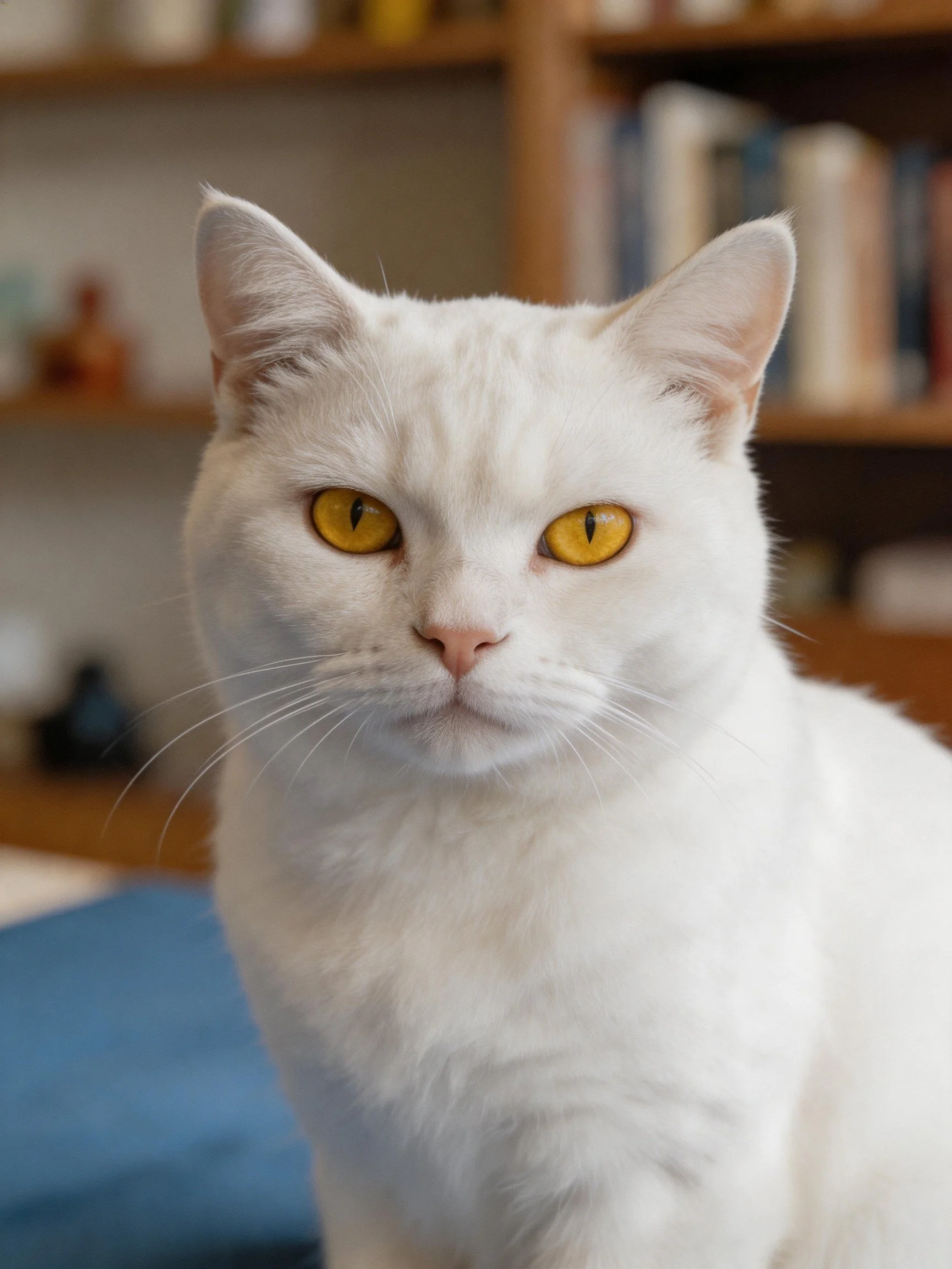 A white cat with yellow eyes is near wooden bookshelves.