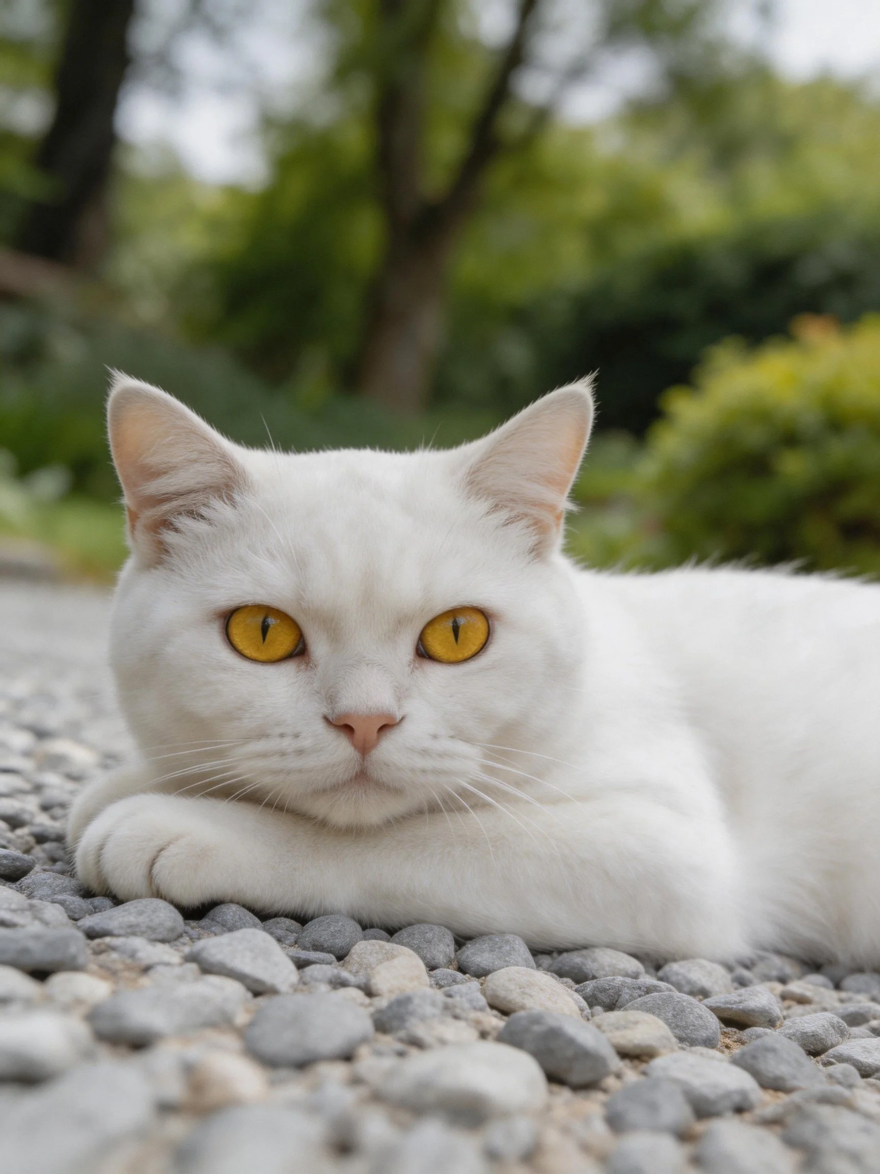 A white cat with yellow eyes lies calmly on pebbled ground.