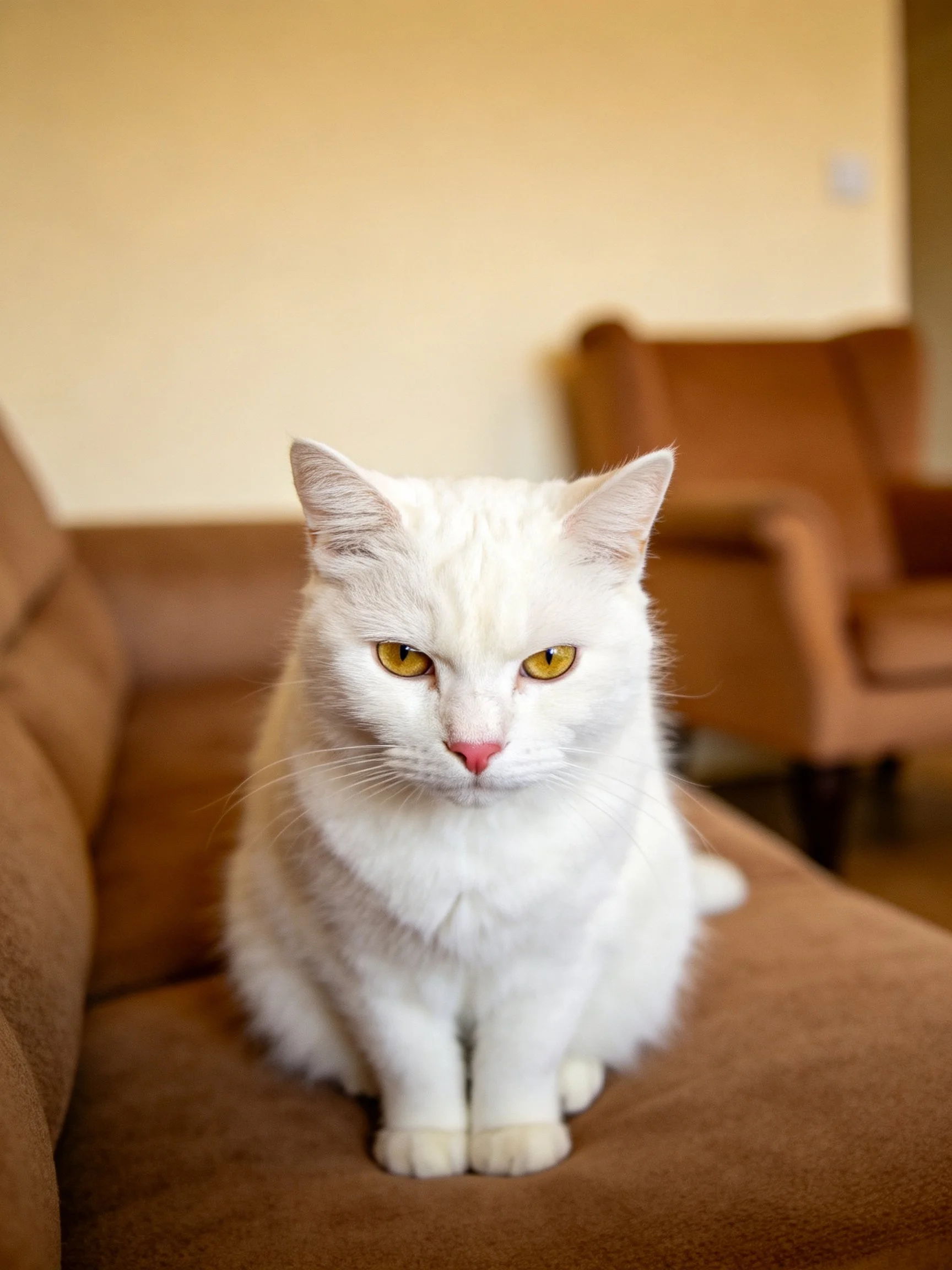 A white cat with yellow eyes sits calmly on brown furniture.