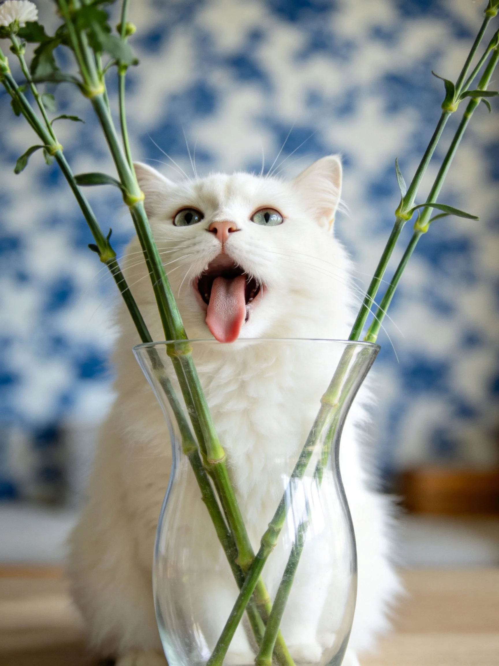 White cat yawning near green stems in a glass vase