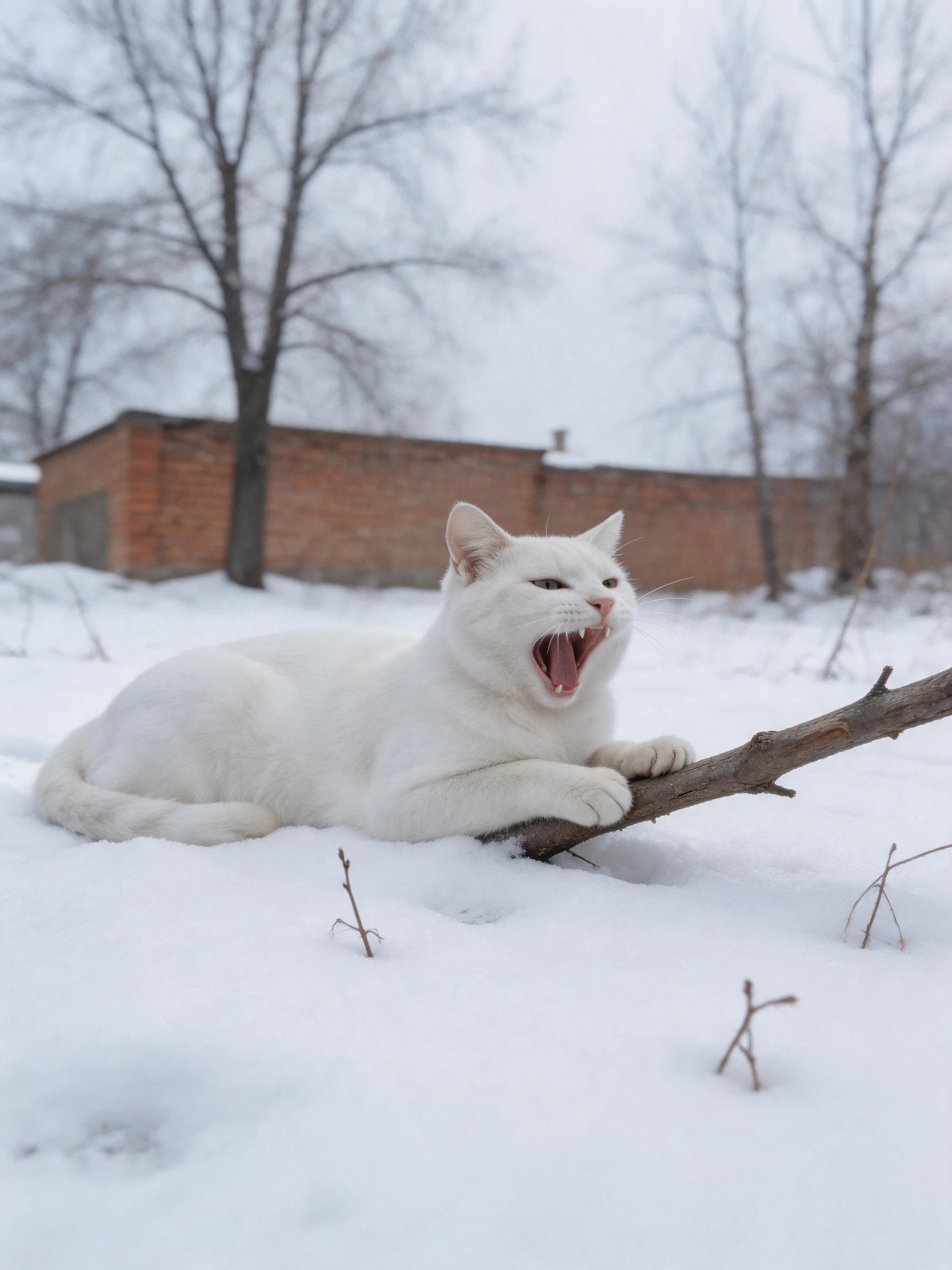 White cat yawning on snowy branch near brick building
