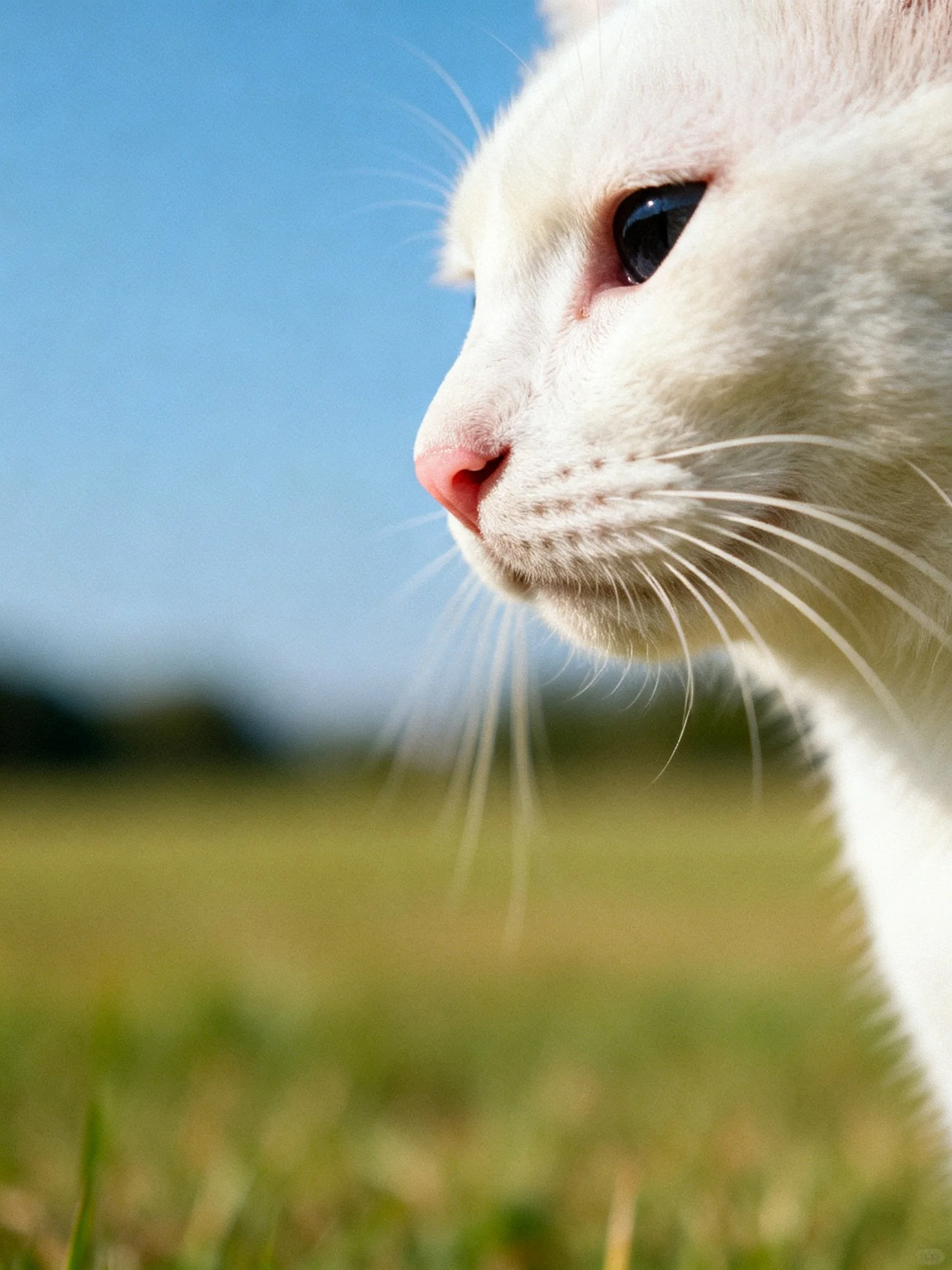 White cat’s profile with blue sky and green field backdrop