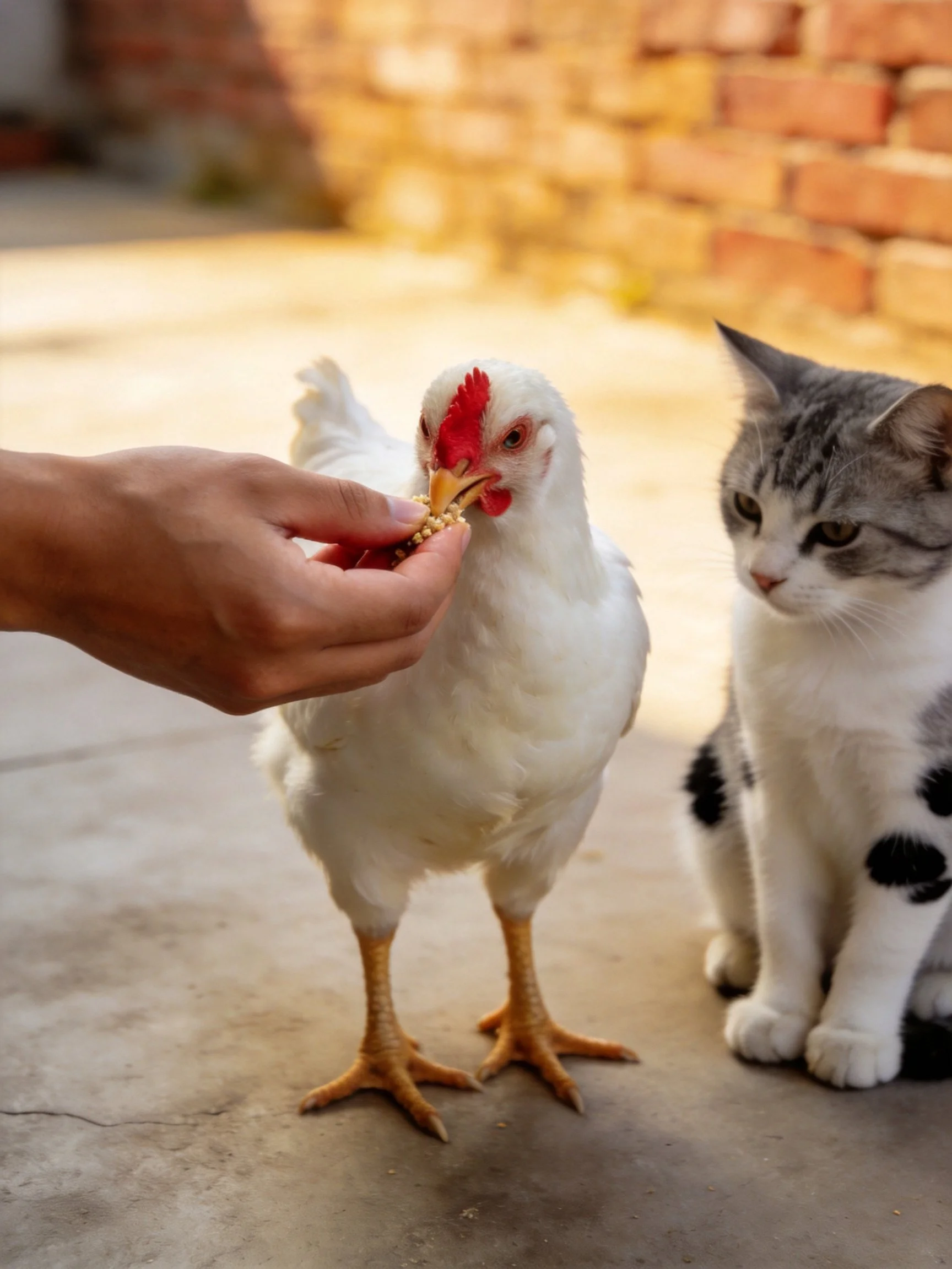 White chicken fed by human hand near gray spotted cat