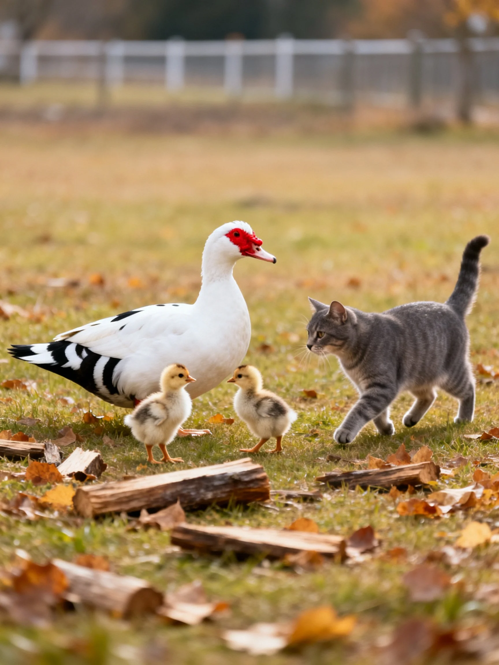 White duck with red face, two chicks, gray cat on leaf-littered grass