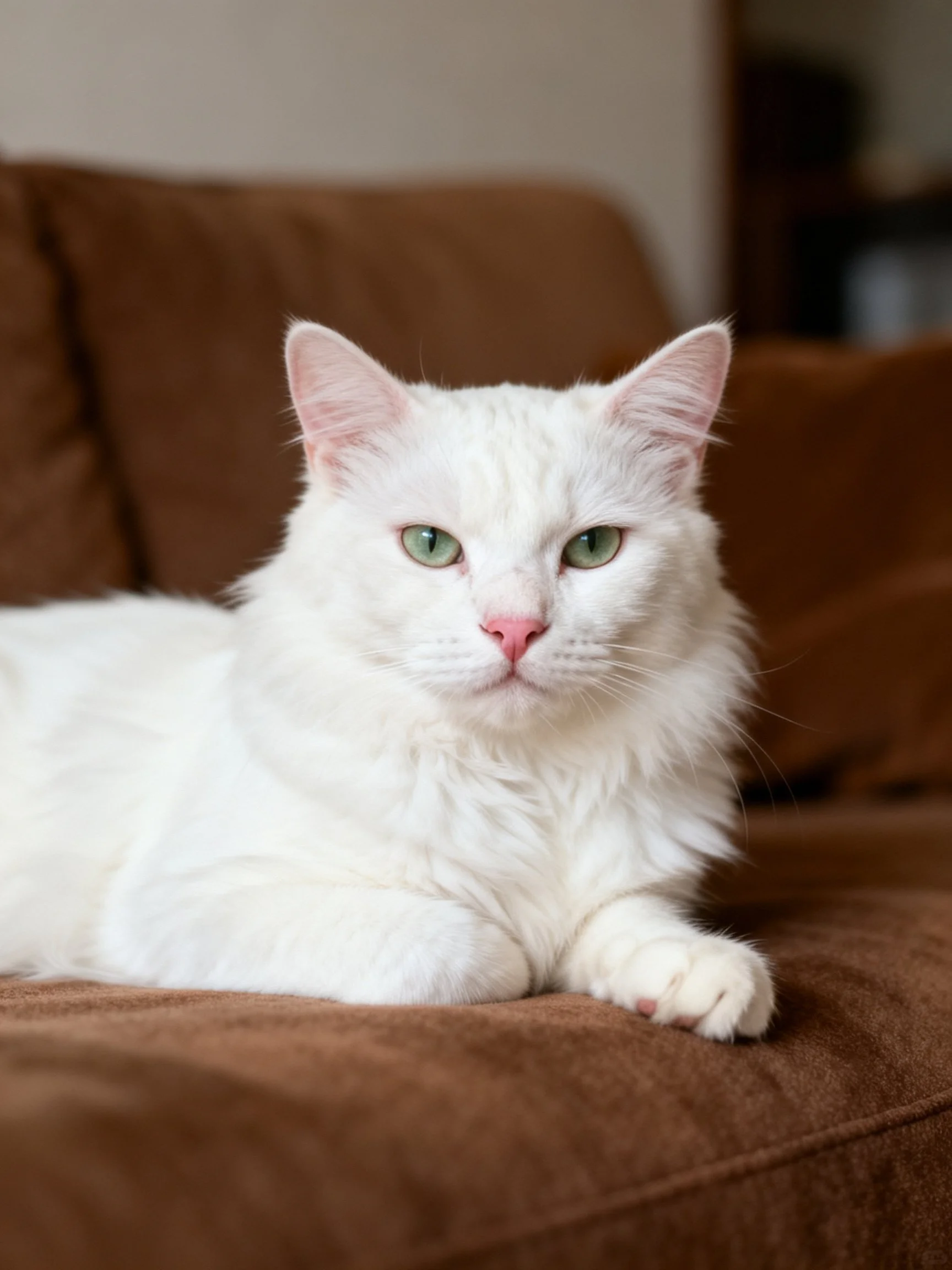 White fluffy cat lounging on a brown couch with green eyes