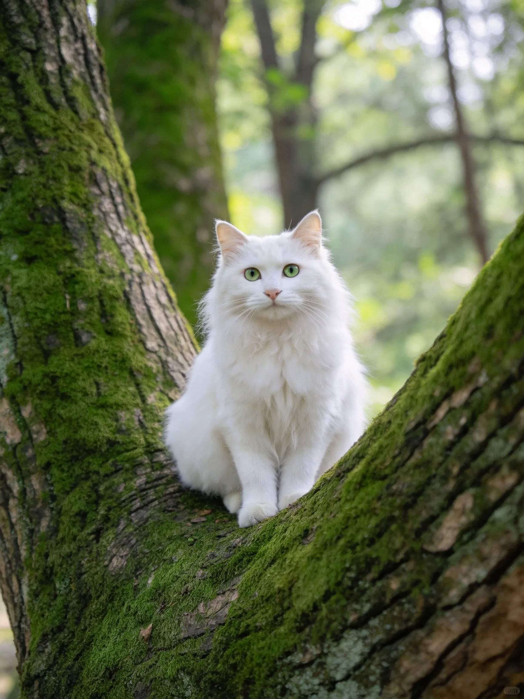 White fluffy cat perched on mossy tree branches in forest