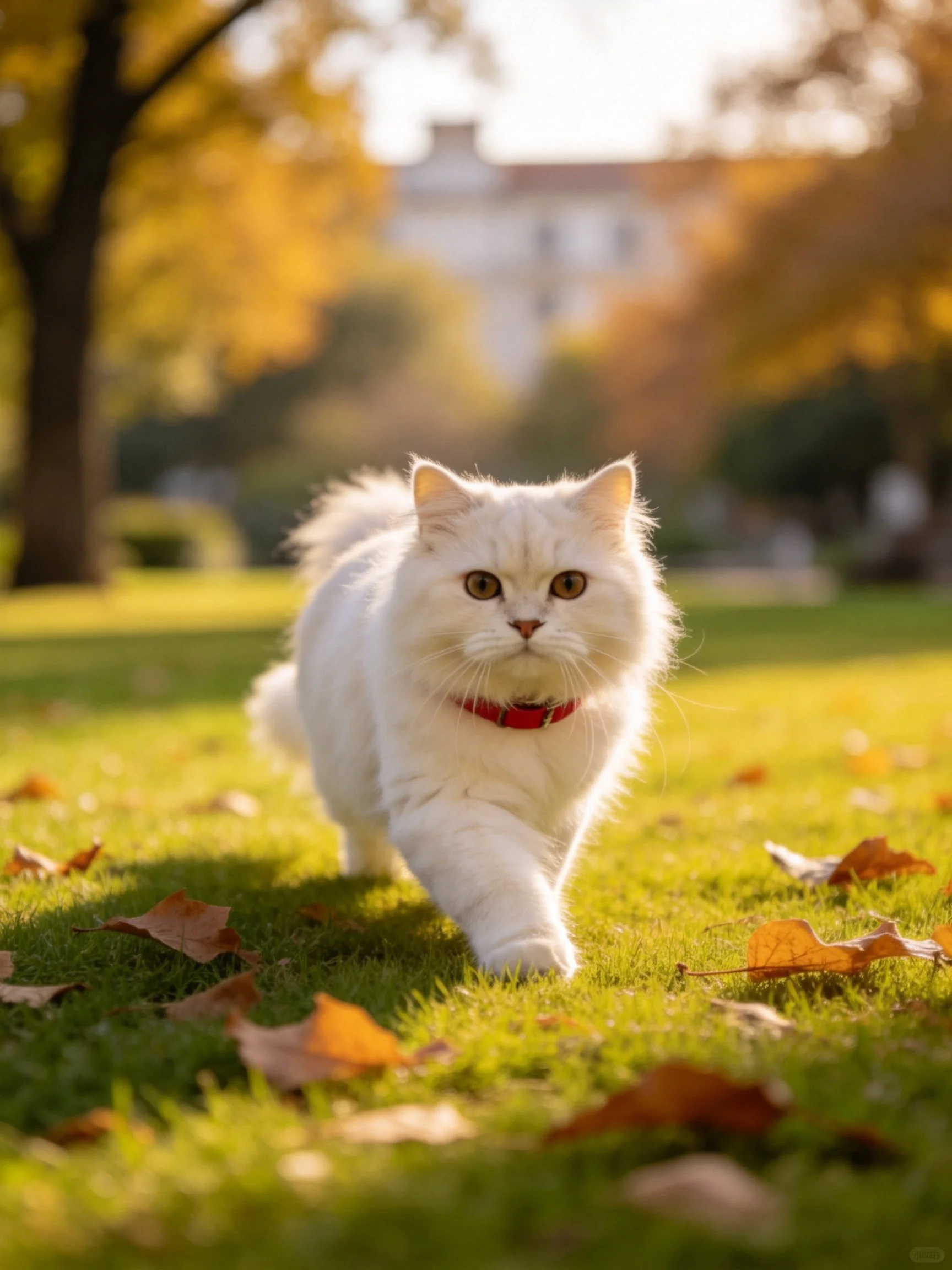 White fluffy cat strolling on grass amid autumn leaves