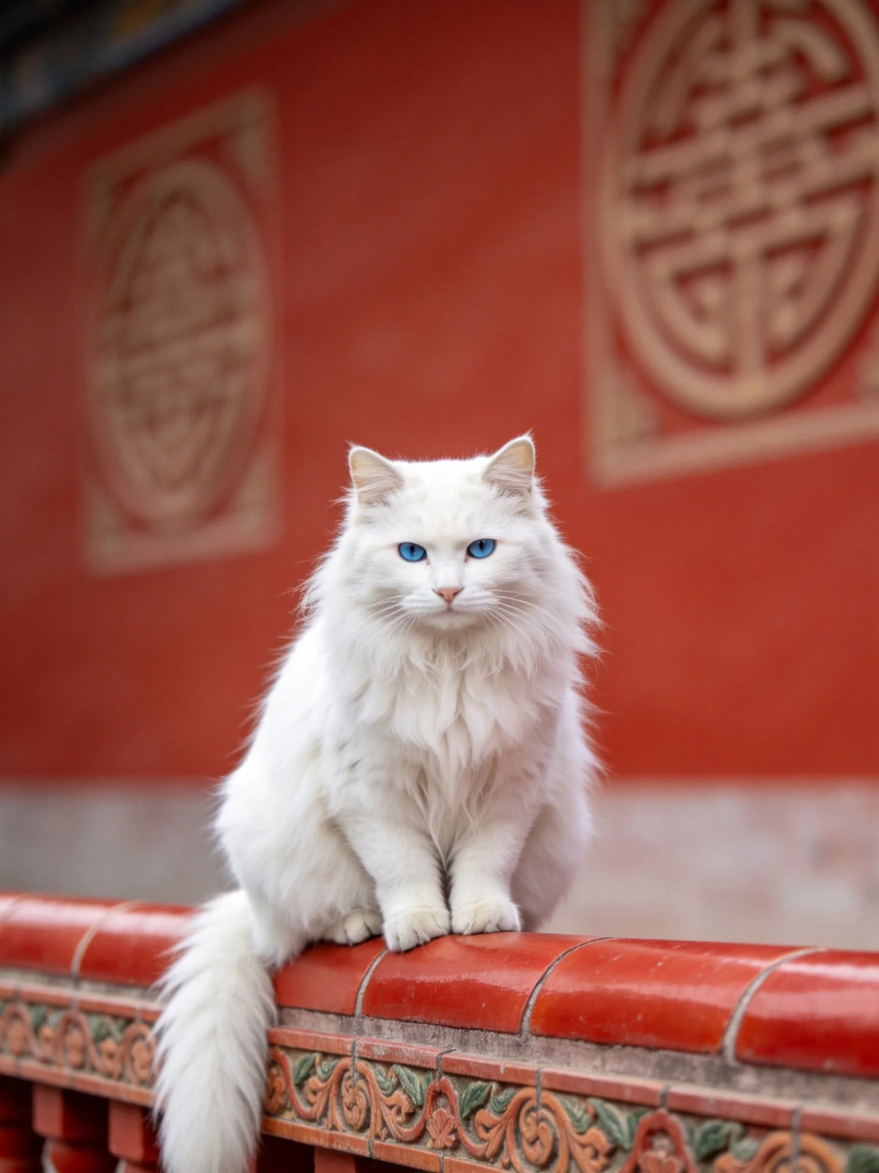 A white fluffy cat with blue eyes sits atop a red decorative railing near a red wall.