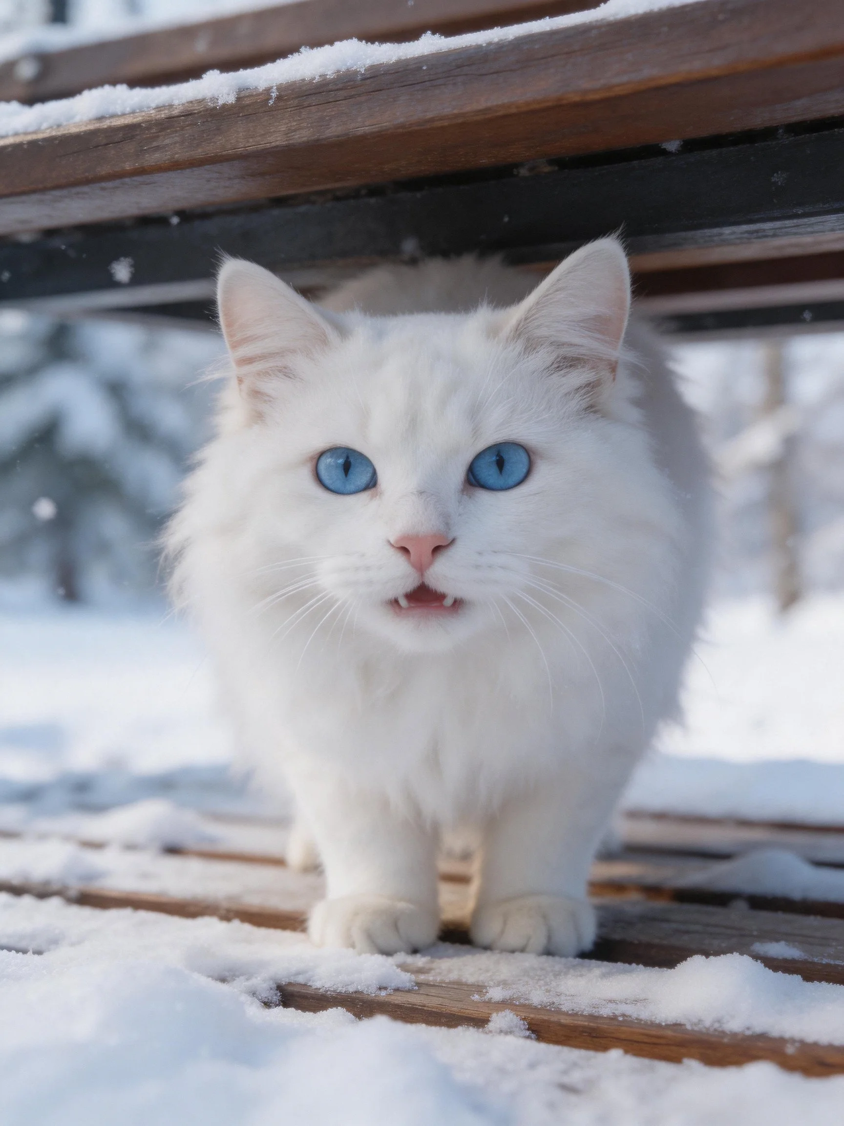 A white fluffy cat with blue eyes stands under a snow-covered wooden structure.
