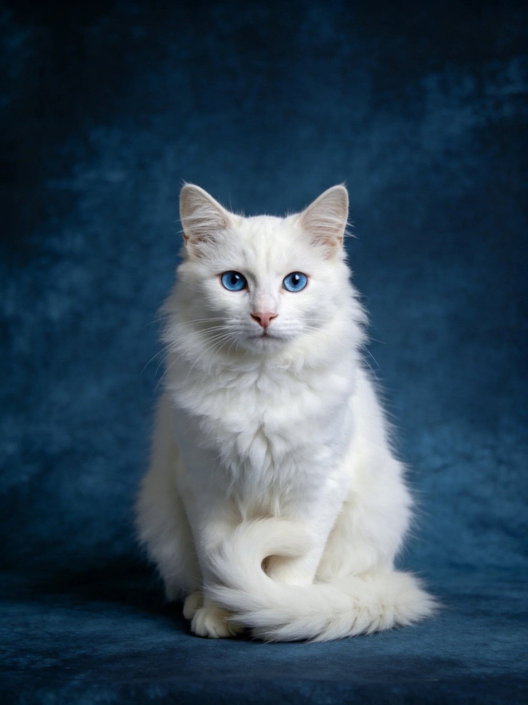 White fluffy cat with blue eyes sits calmly on dark blue fabric