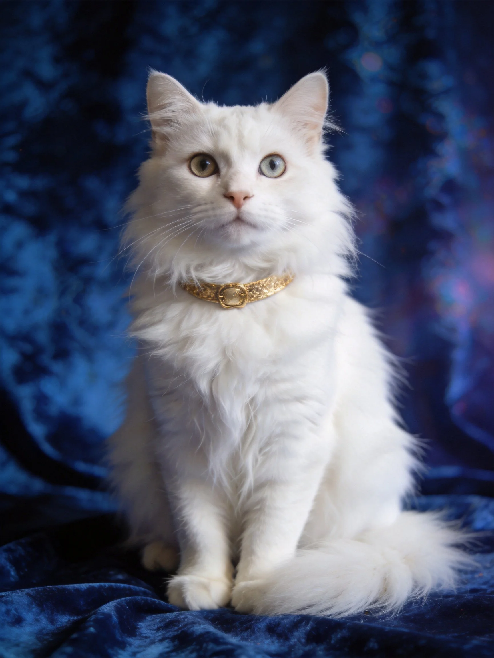 A white fluffy cat with a golden collar sits on a blue backdrop.