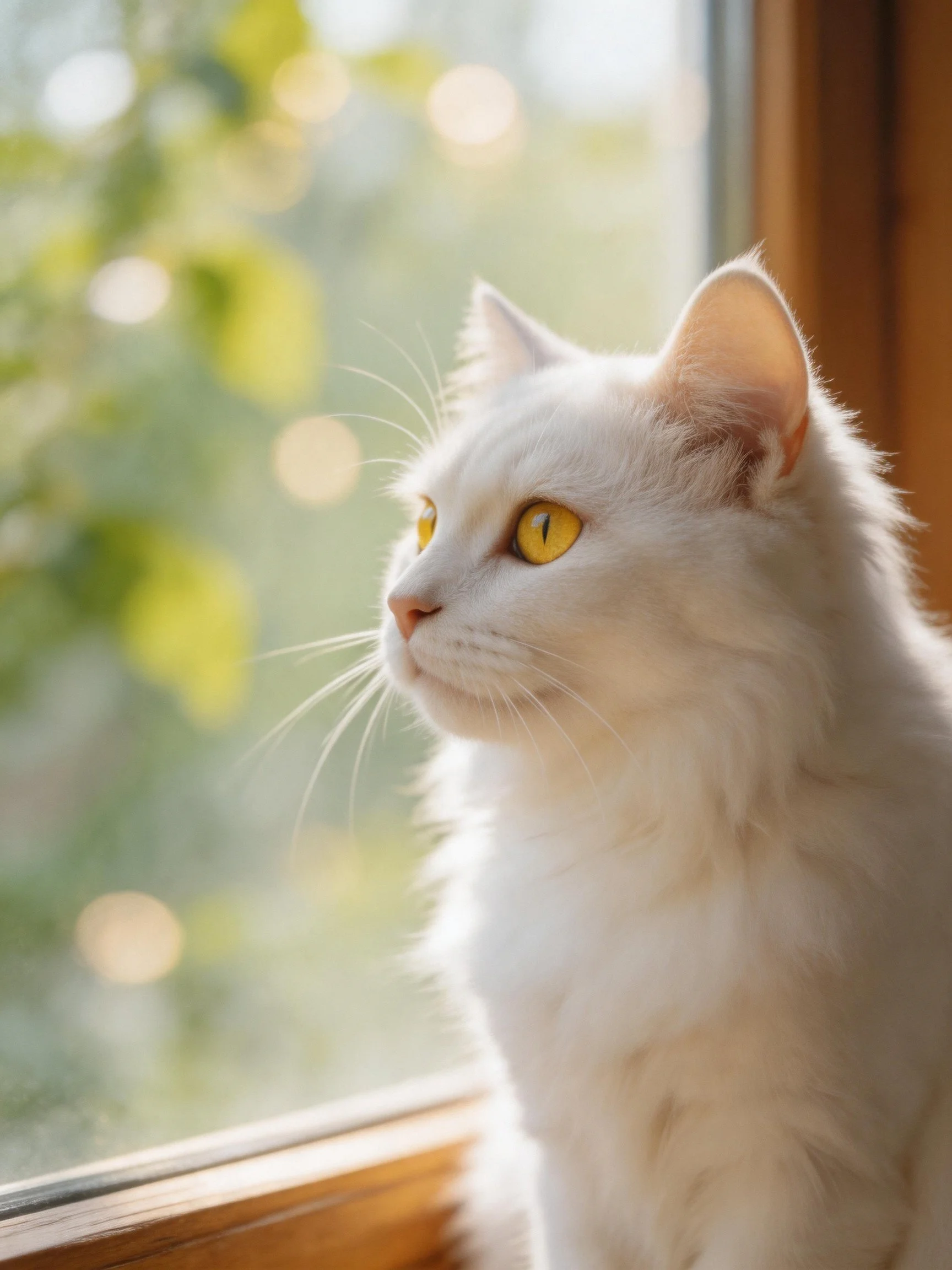 A white cat with golden eyes gazes outside from a sunlit window.