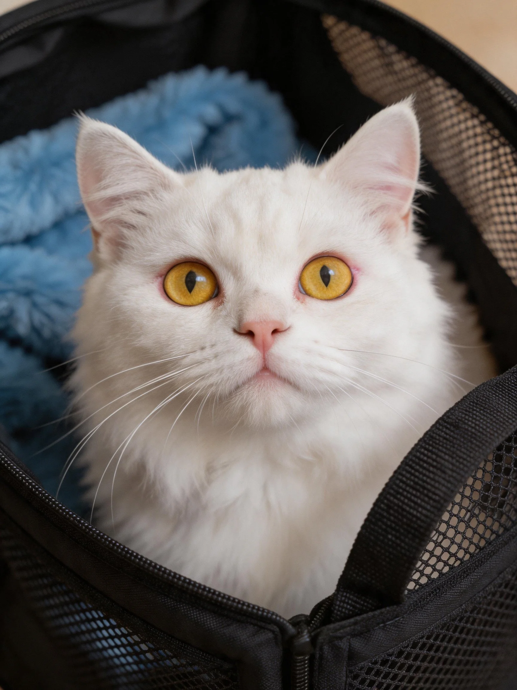A white cat with golden eyes is inside a black mesh carrying case.