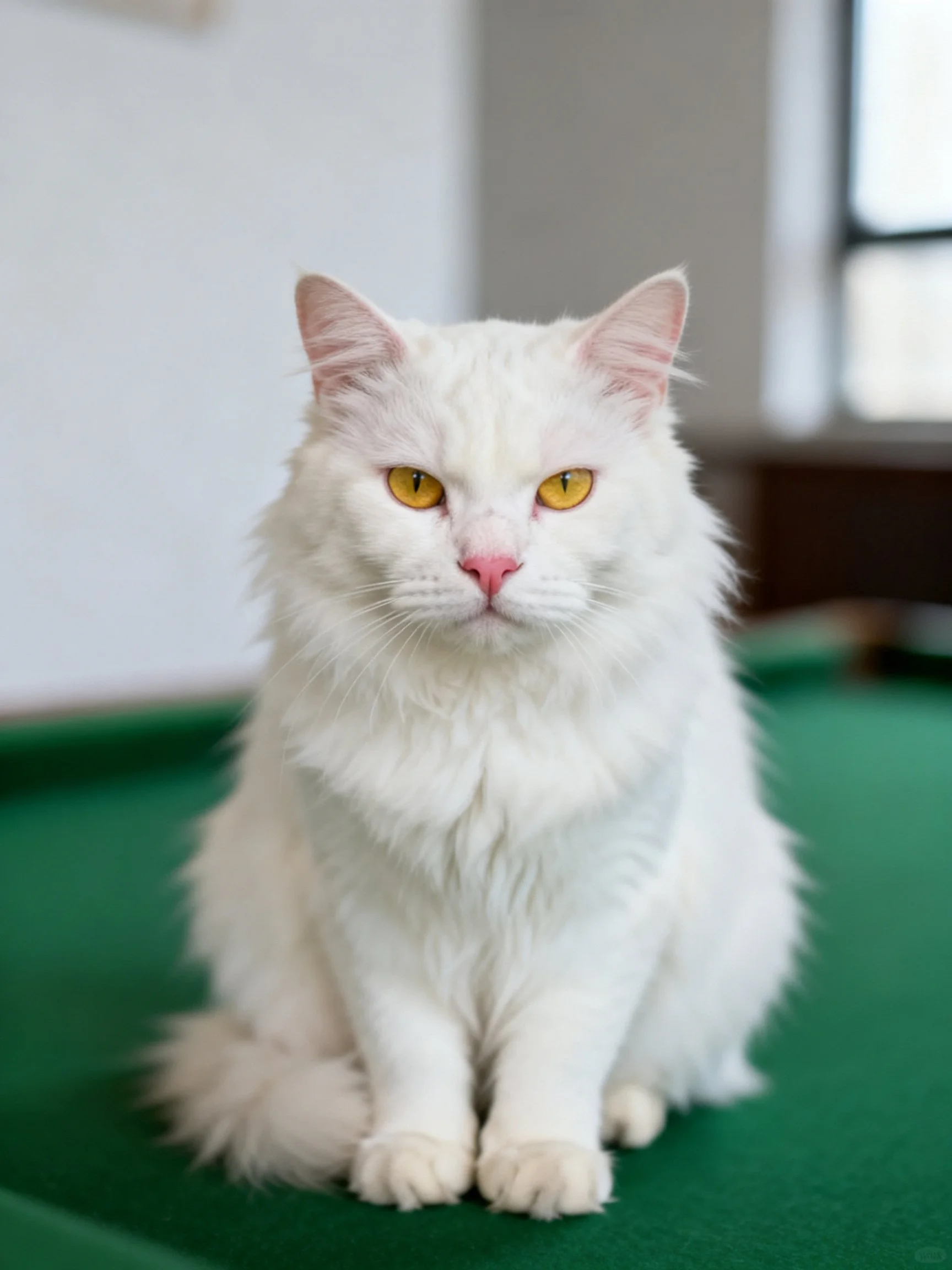 A white fluffy cat with yellow eyes sits on a green surface.