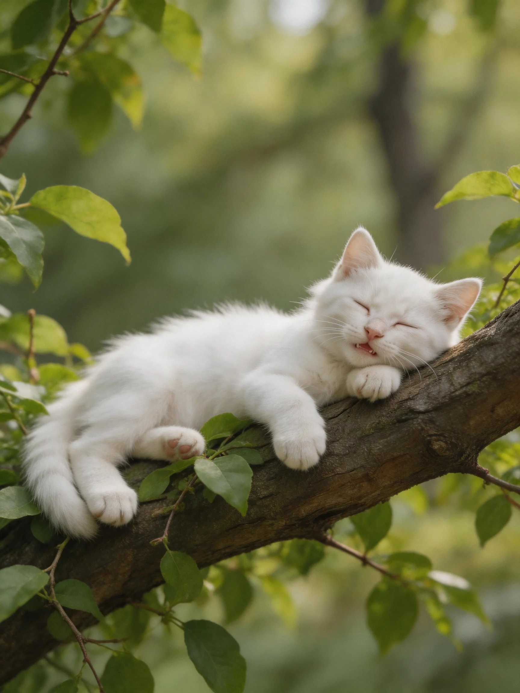 White kitten napping on a tree branch among lush green leaves