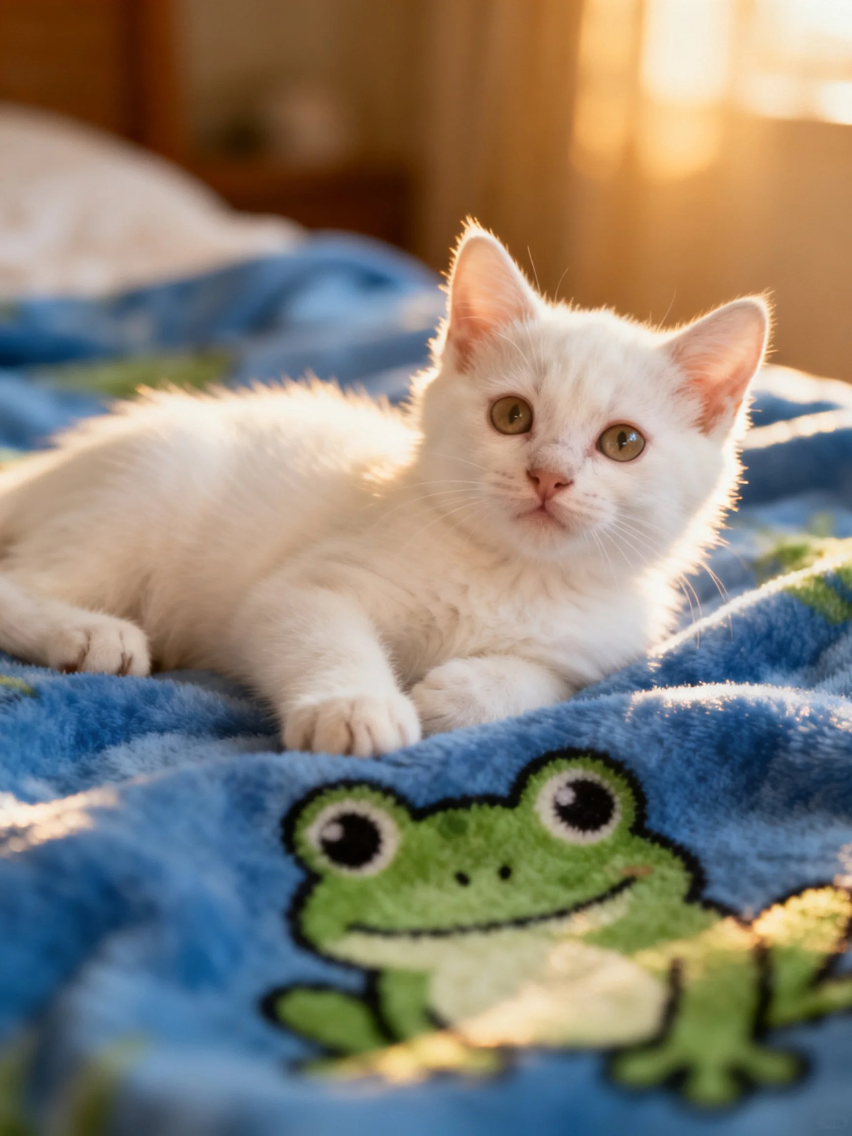 White kitten on blue blanket with green frog design, golden light