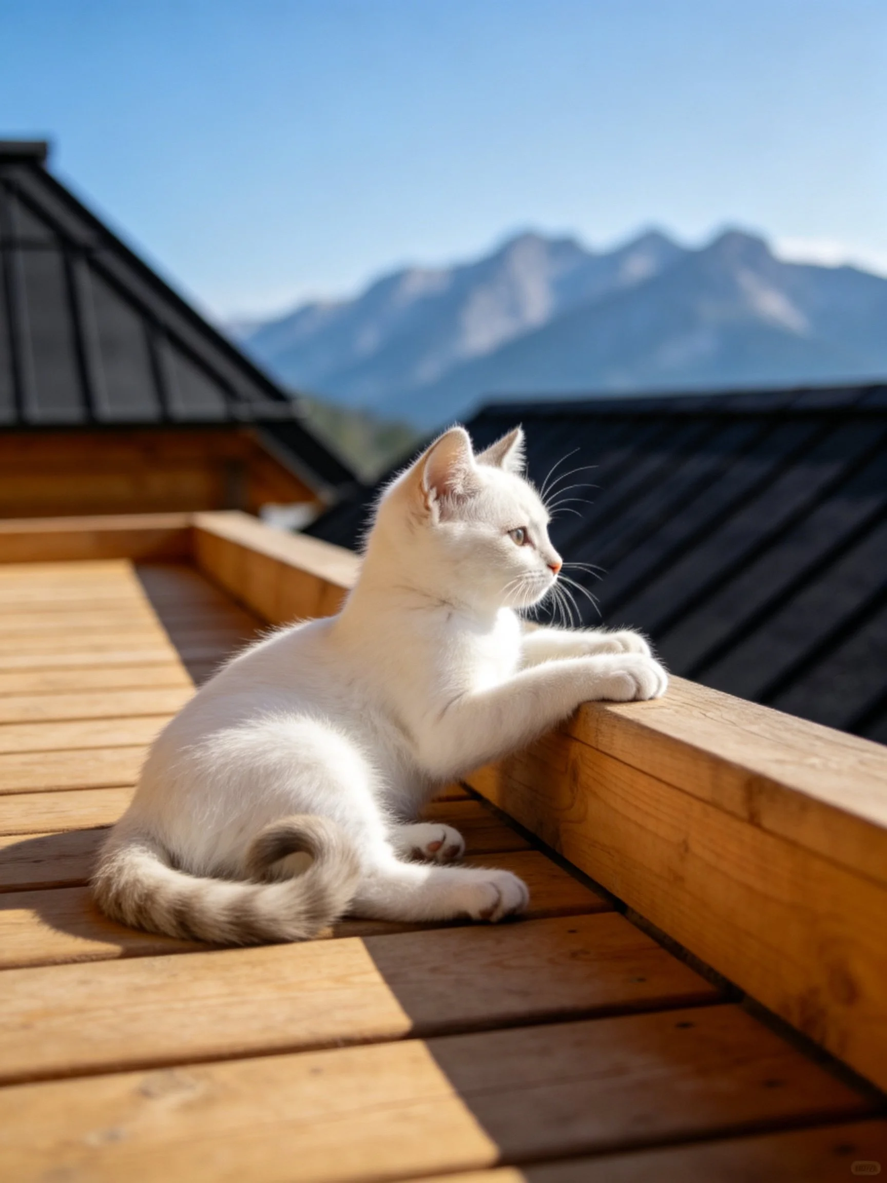 White kitten on wooden deck near dark rooftops with mountain backdrop