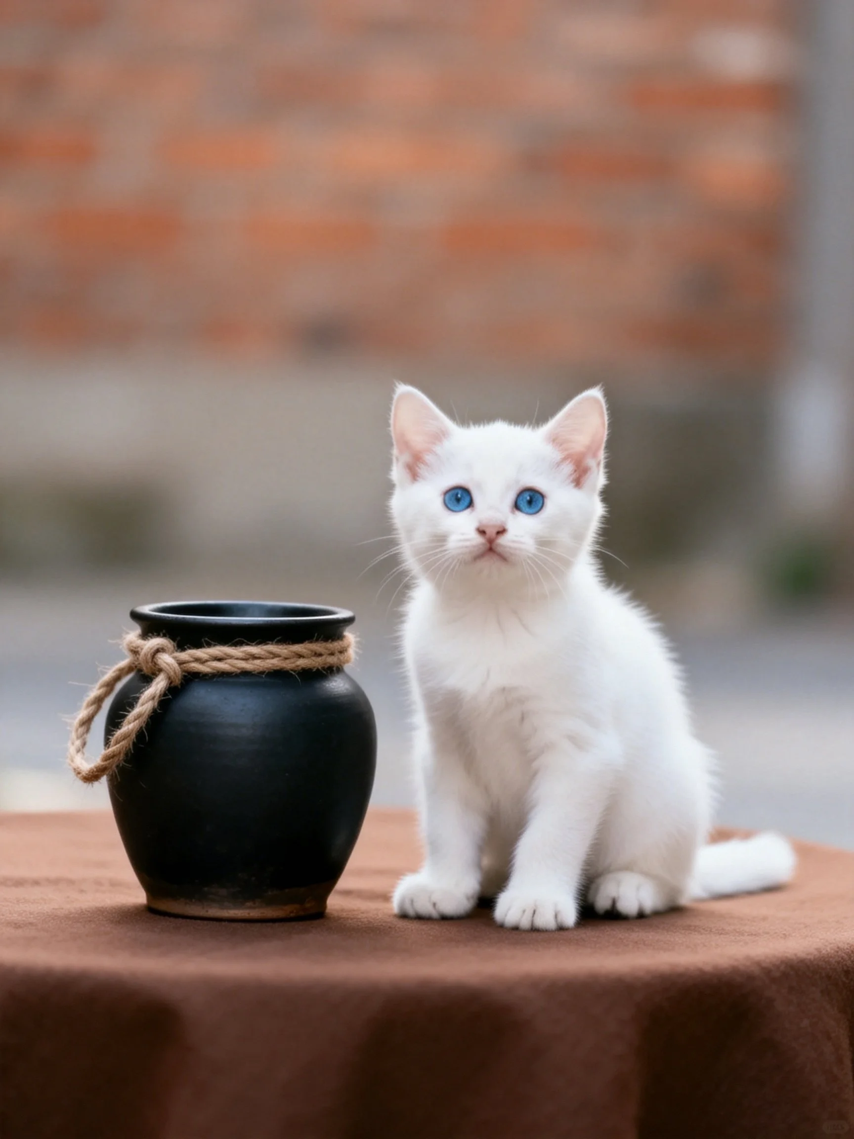 White kitten sitting next to black pot on brown cloth near brick wall