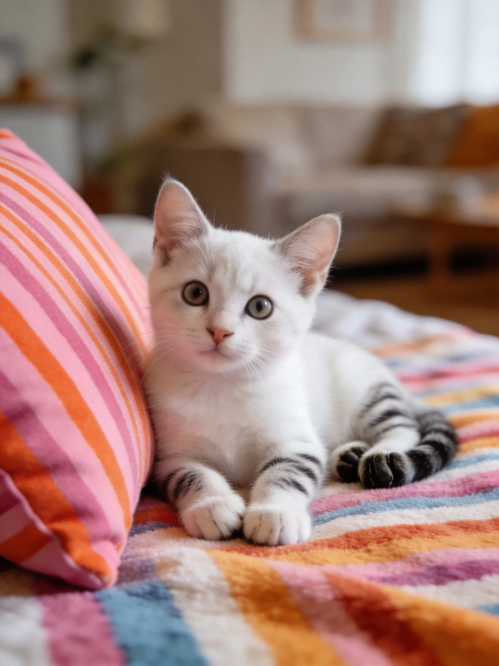 A white kitten with dark markings sits beside a striped pillow on a colorful blanket indoors.