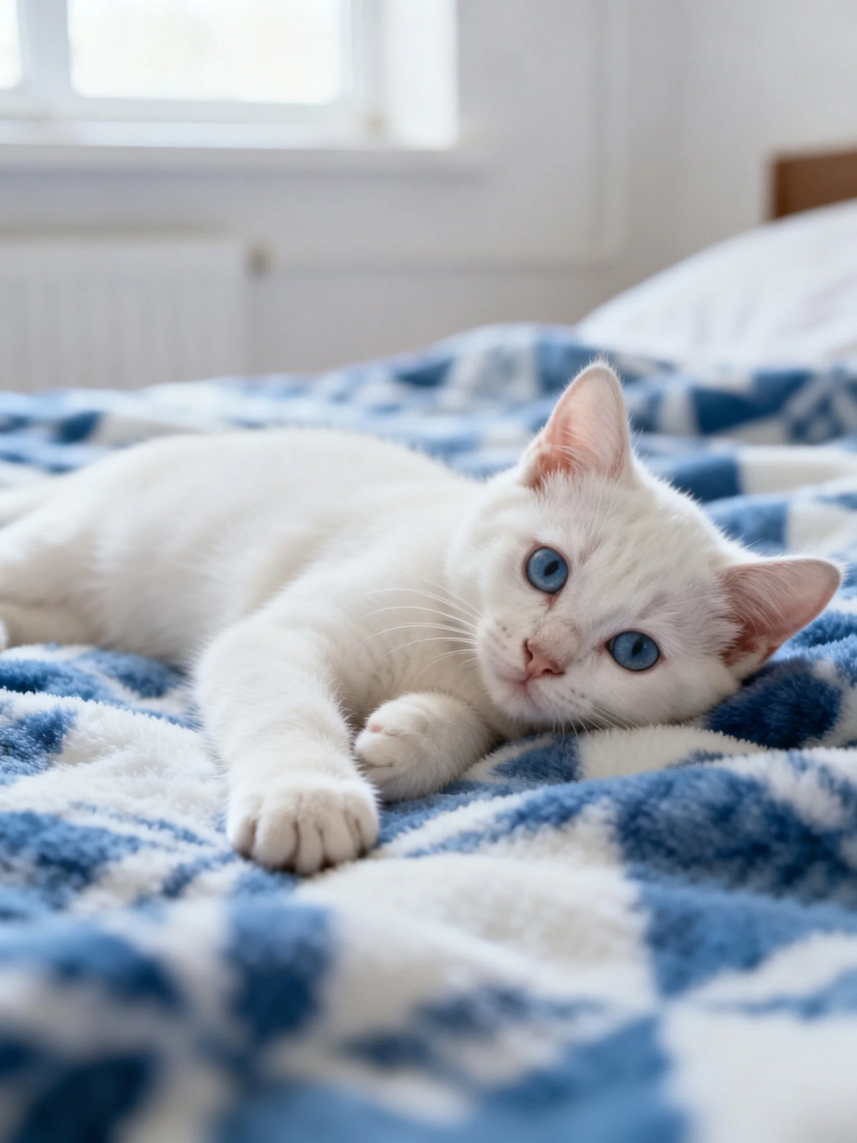 A white kitten with blue eyes relaxes on ablue-and-white blanket in a cozy indoor space.