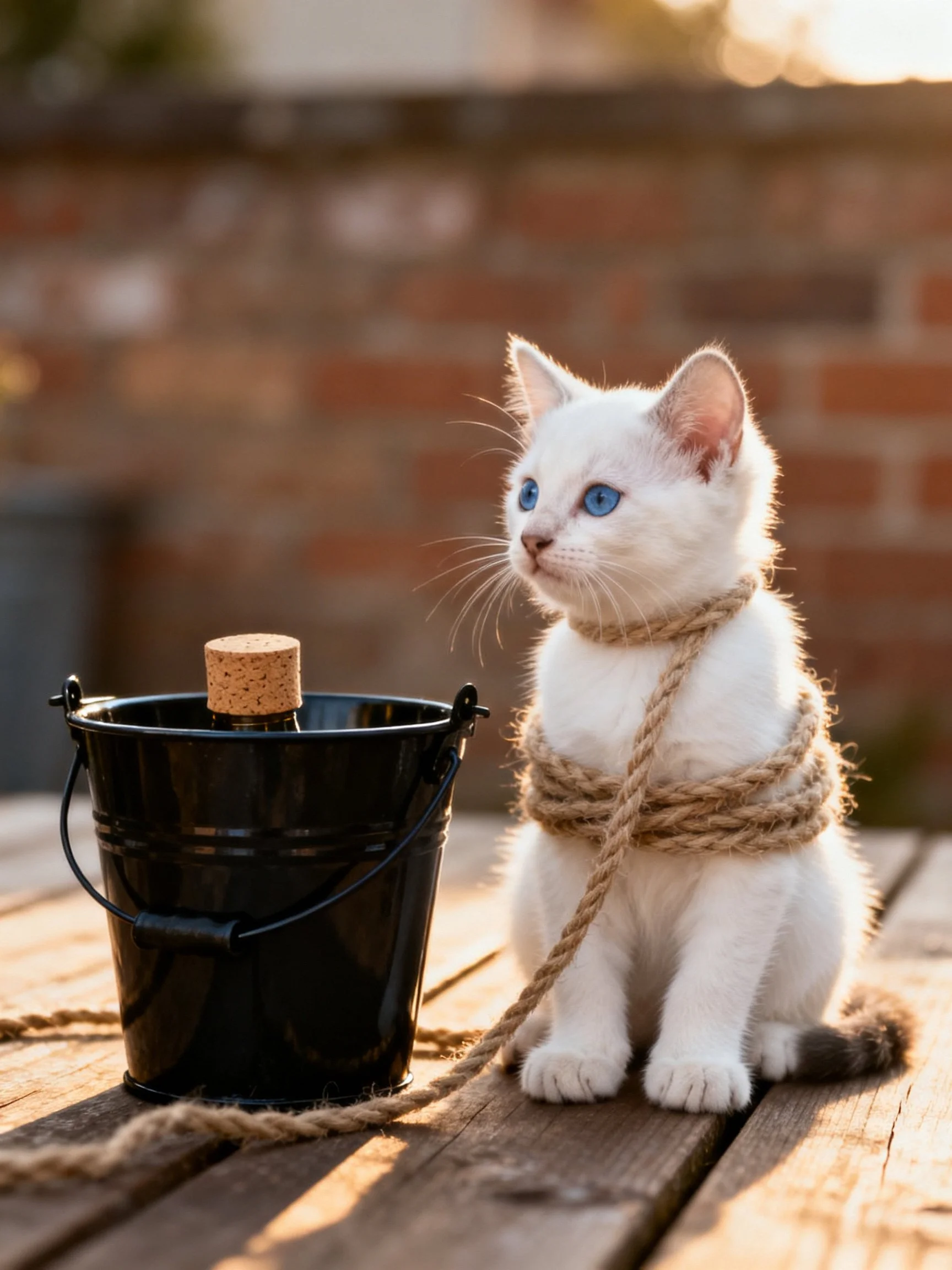 A white kitten with blue eyes is roped next to a small black bucket.
