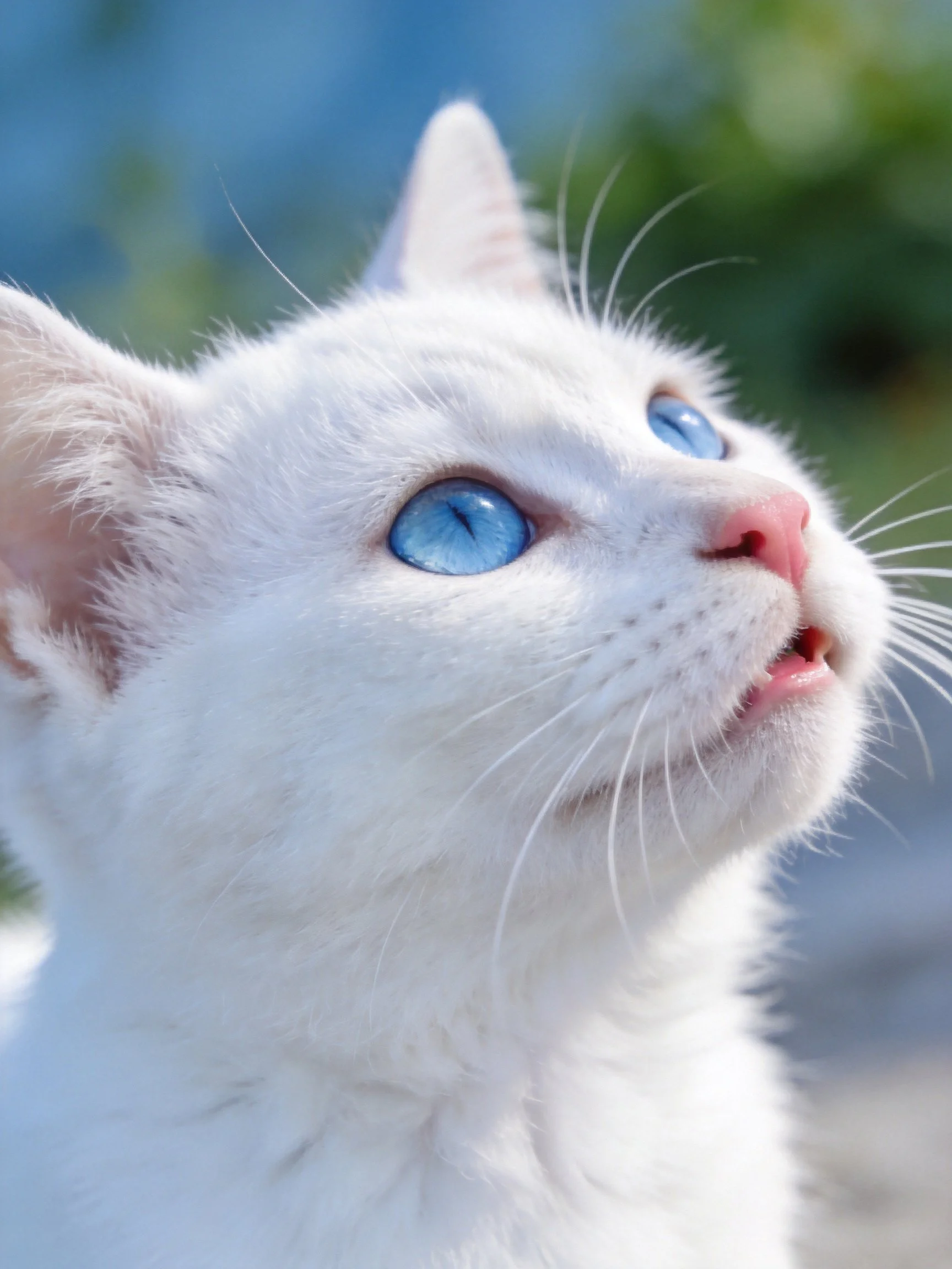 A white kitten with vivid blue eyes looks upward in an outdoor setting.