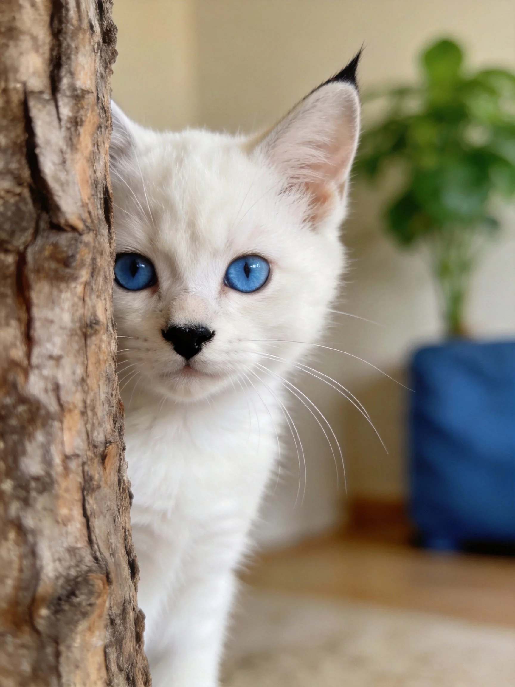 A white kitten with blue eyes hides behind a tree trunk near a potted plant