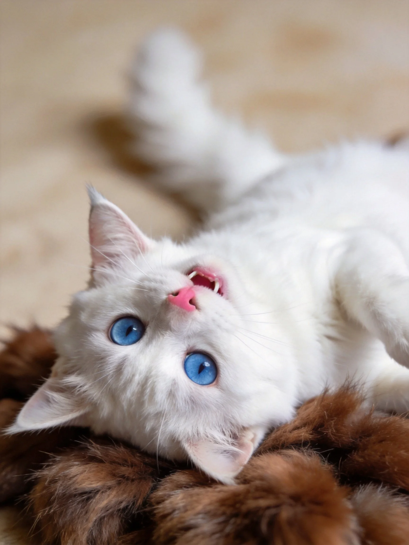 A white kitten with blue eyes relaxes on a brown textured surface.