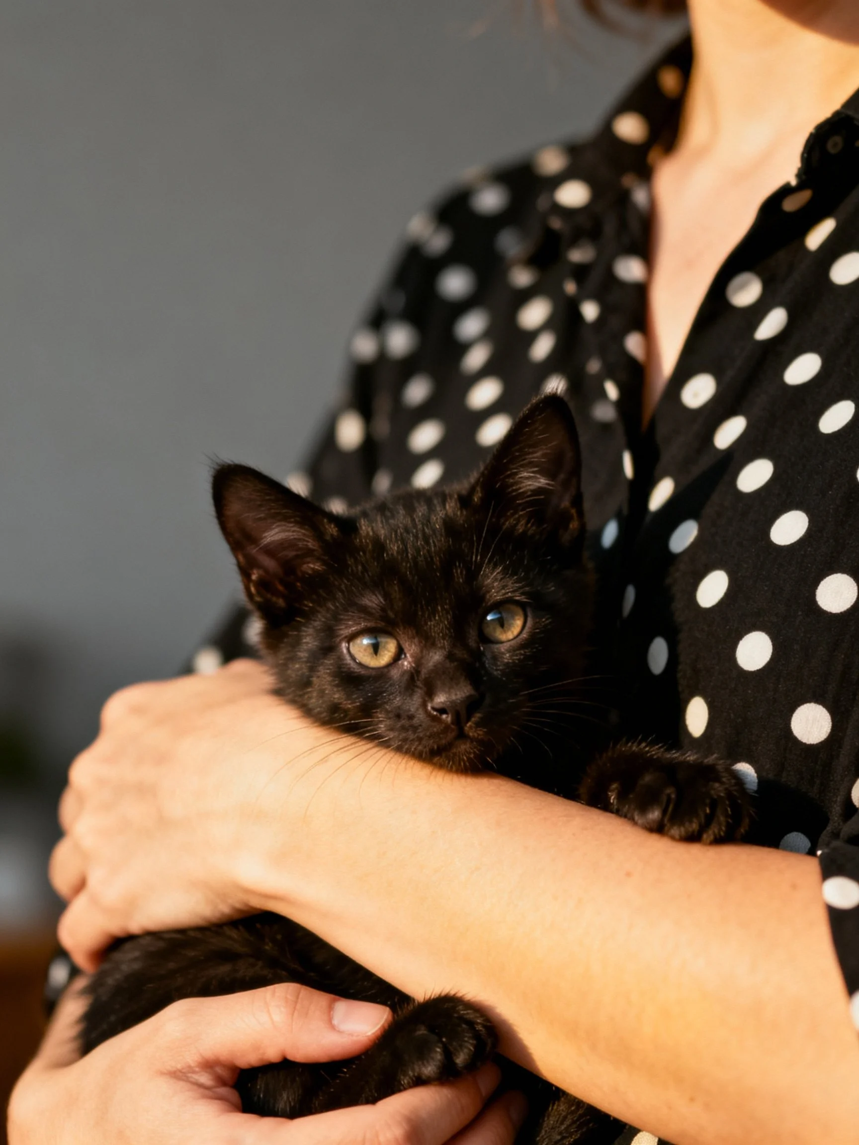 Woman in polka dot dress holds a black kitten
