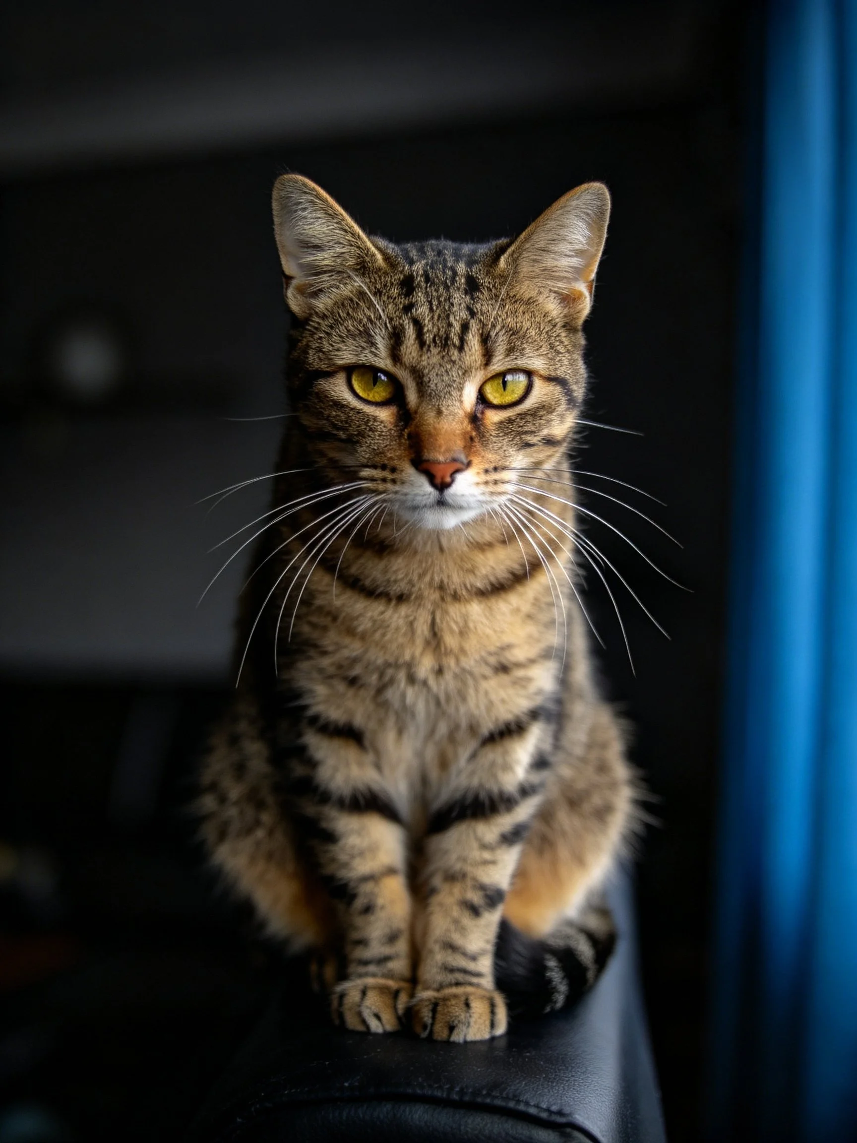 Yellow-eyed tabby cat on dark surface with blue curtain