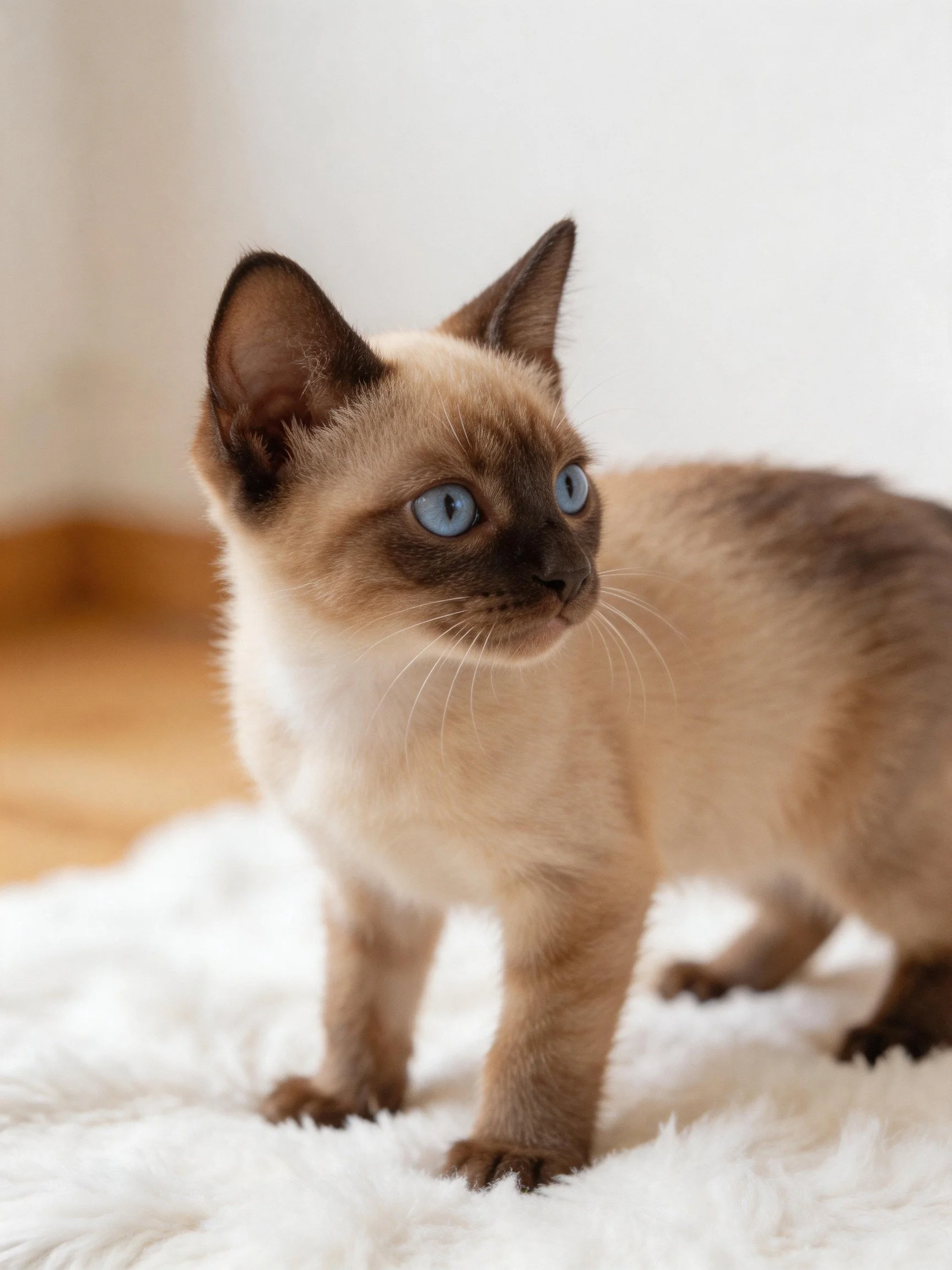 A young Siamese kitten with blue eyes stands on a white plush rug indoors.