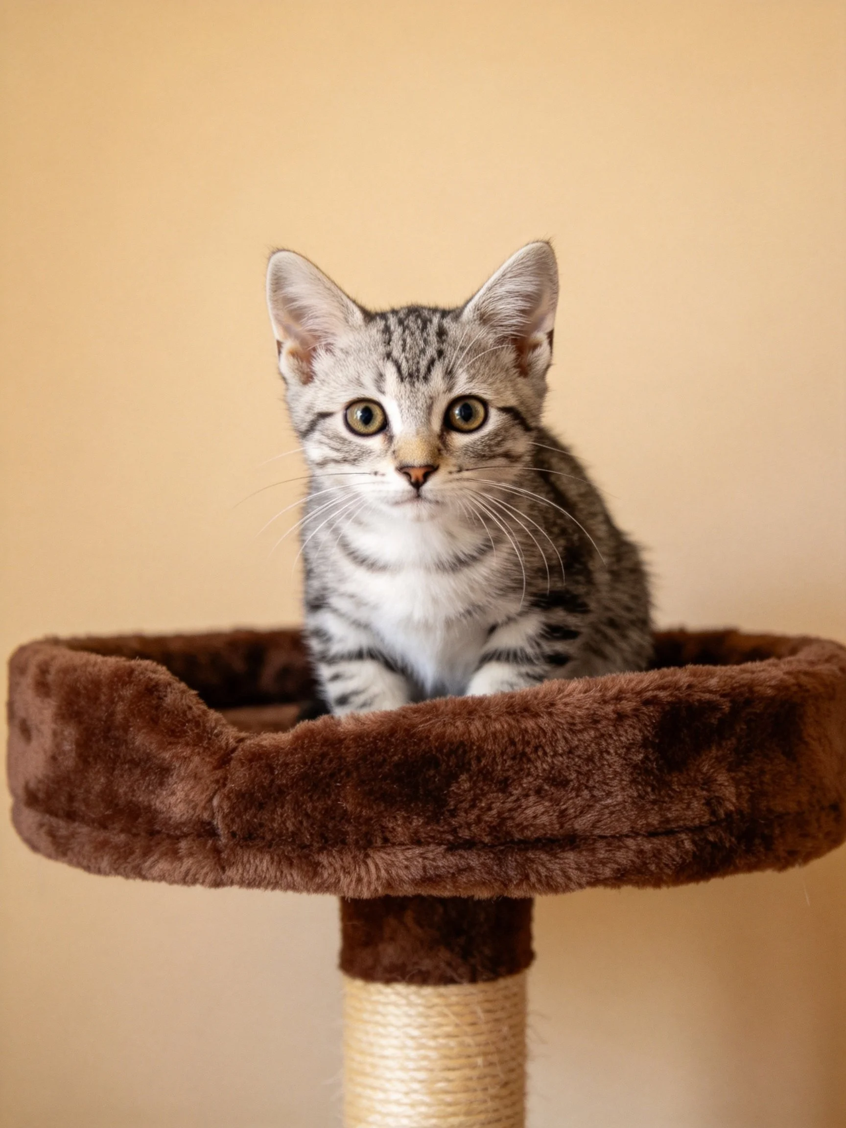 Young gray tabby kitten resting on a brown plush cat bed