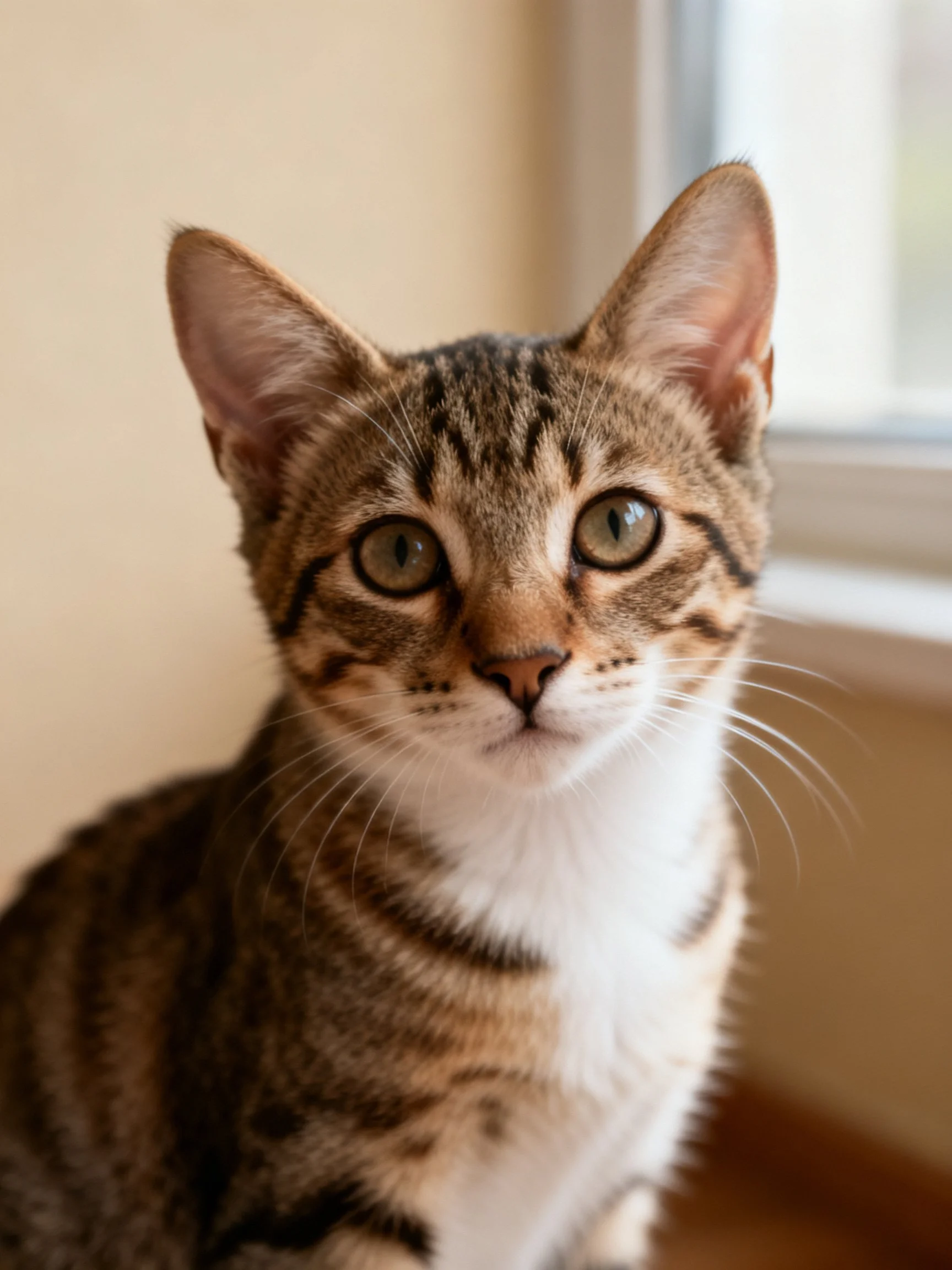 A young tabby kitten with brown and black stripes sits near a bright window.