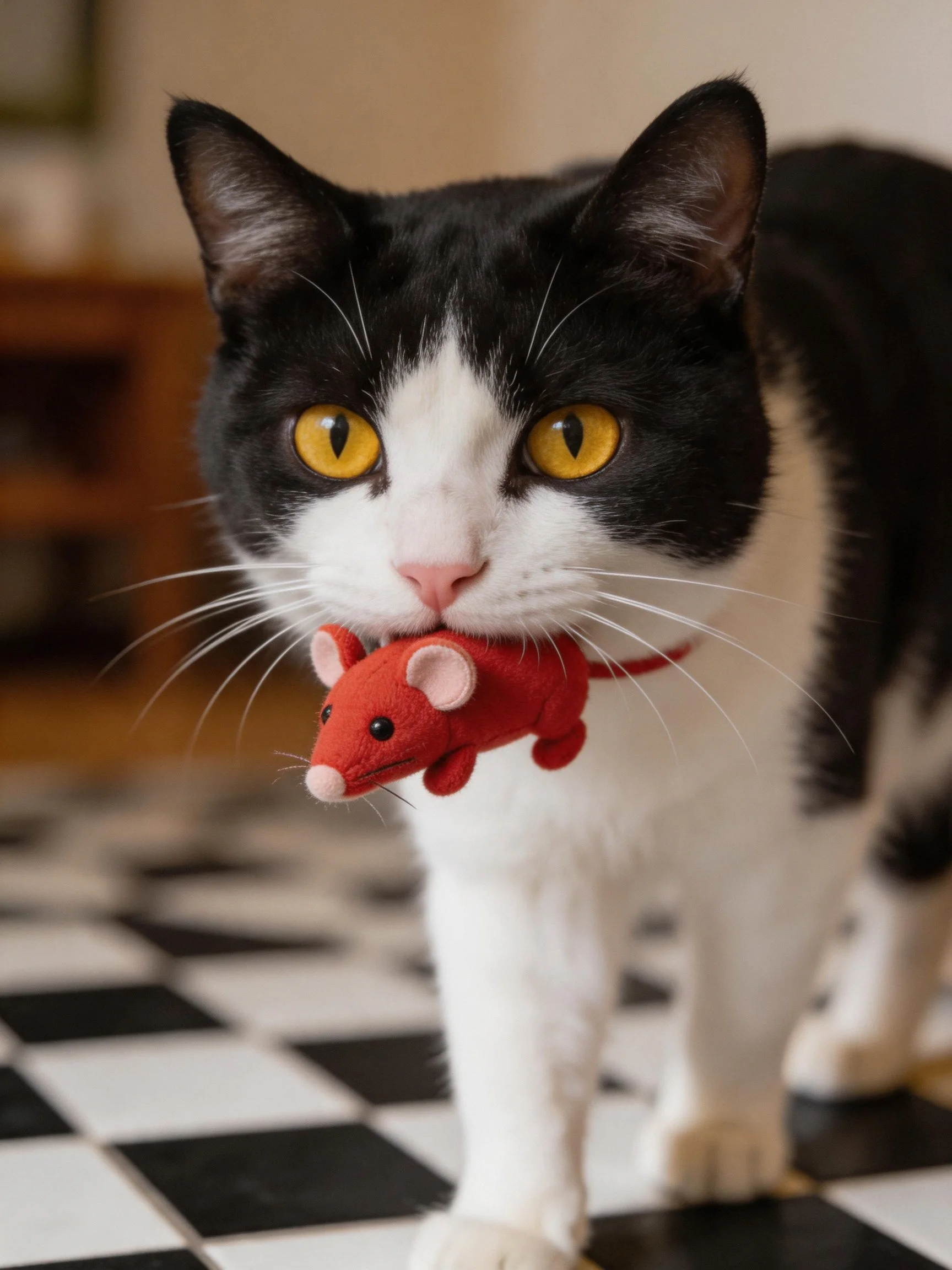black - and - white cat carrying a bright red stuffed mouse on a checkered floor