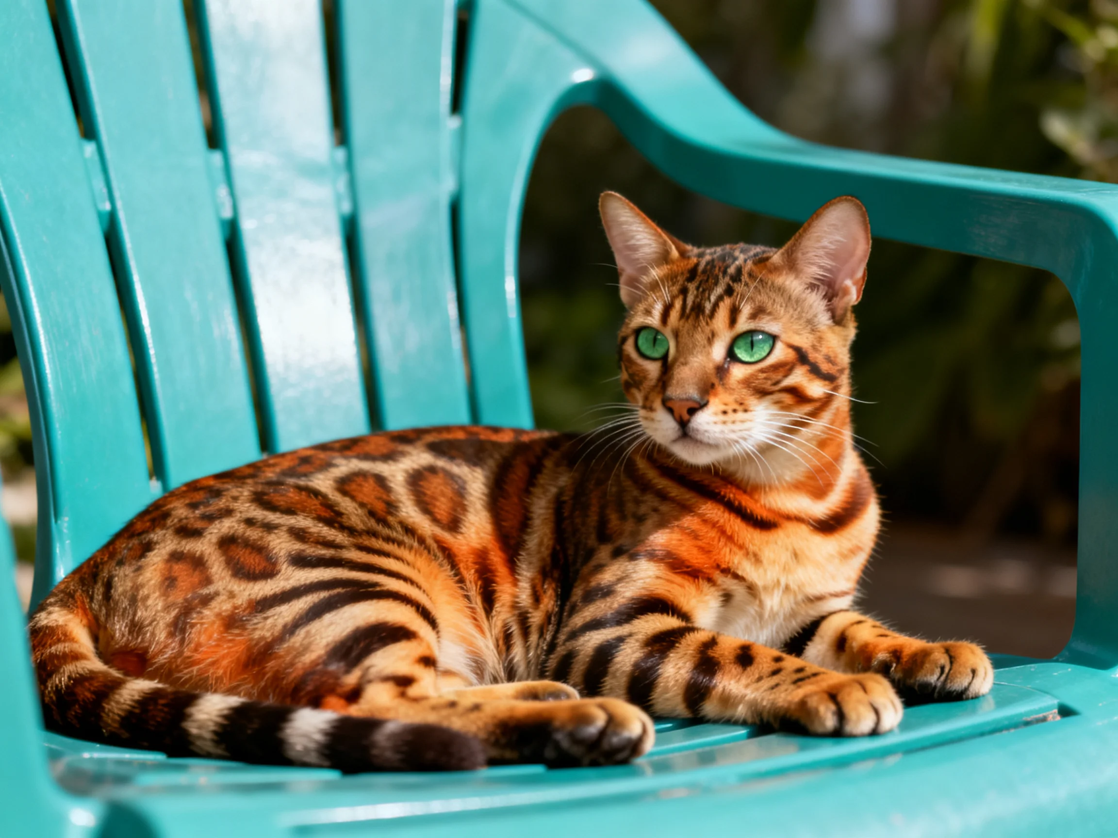 A Bengal cat lounges on a bright turquoise plastic chair