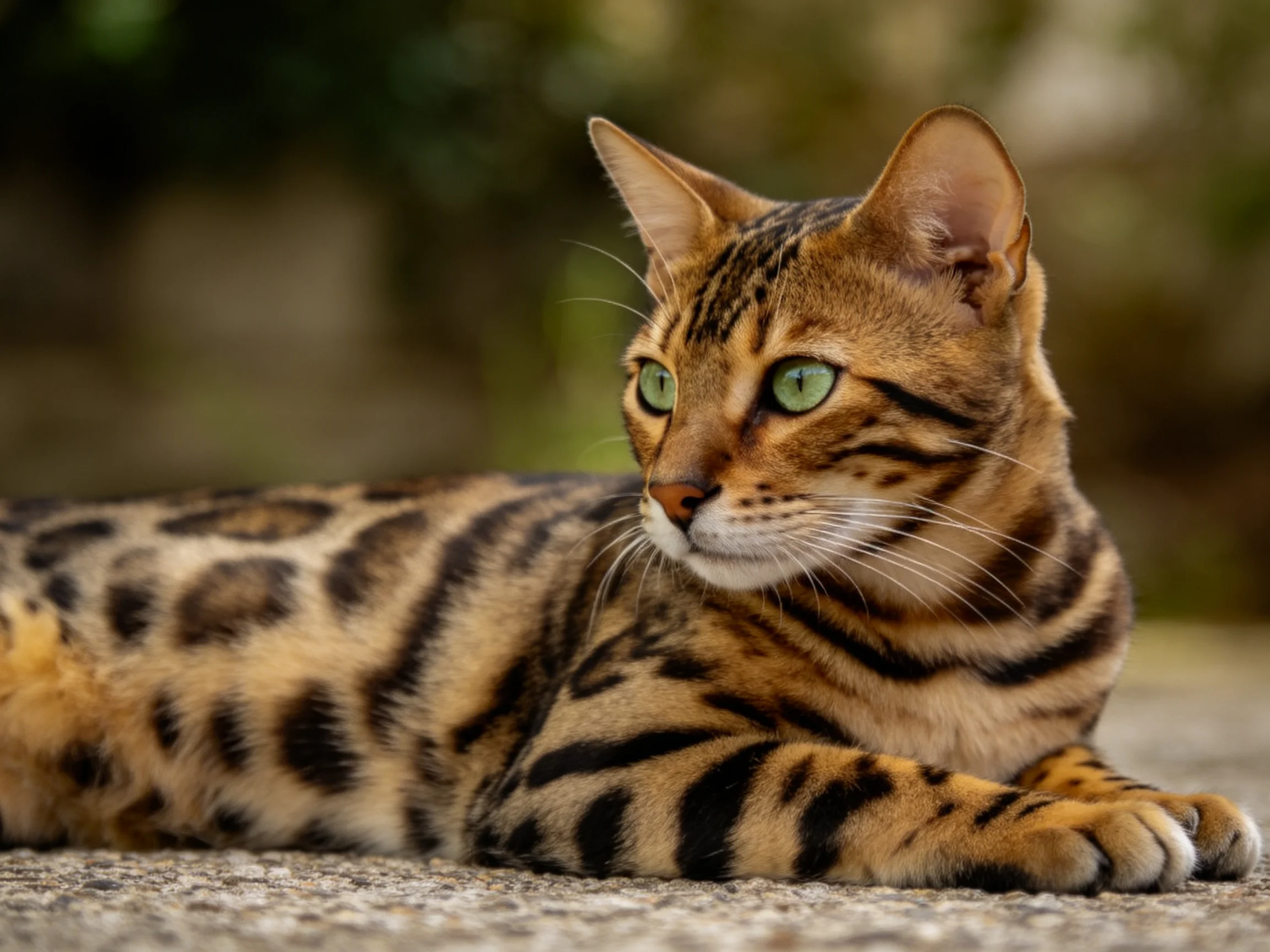 A Bengal cat with spotted fur rests calmly on an outdoor surface.